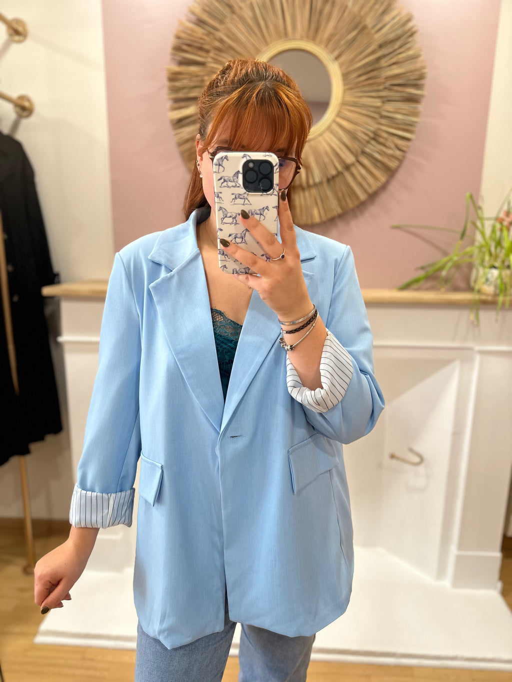 Blazer bleu turquoise grande taille femme – Épaulettes – Miss Koko – Miss Caprice