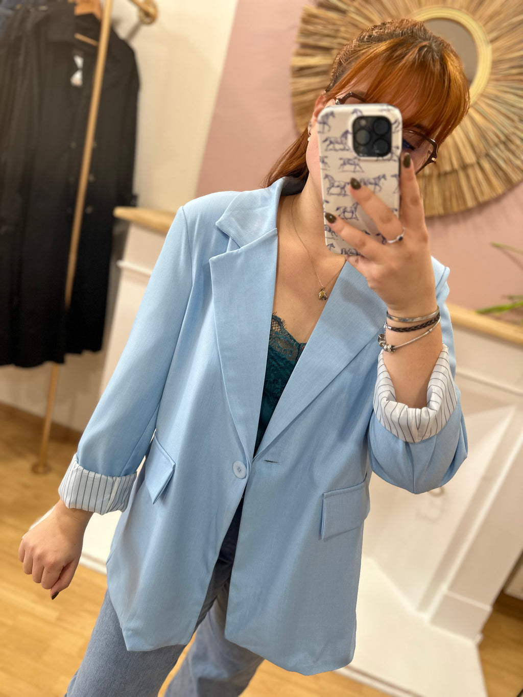Blazer bleu turquoise grande taille femme – Épaulettes – Miss Koko – Miss Caprice