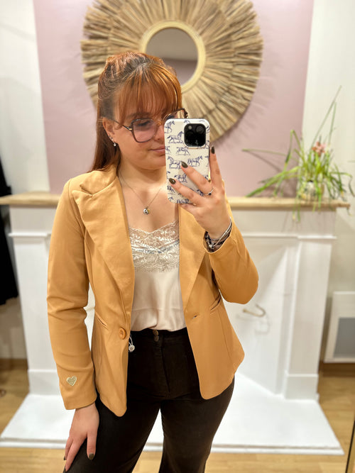Blazer cintré camel col V femme
