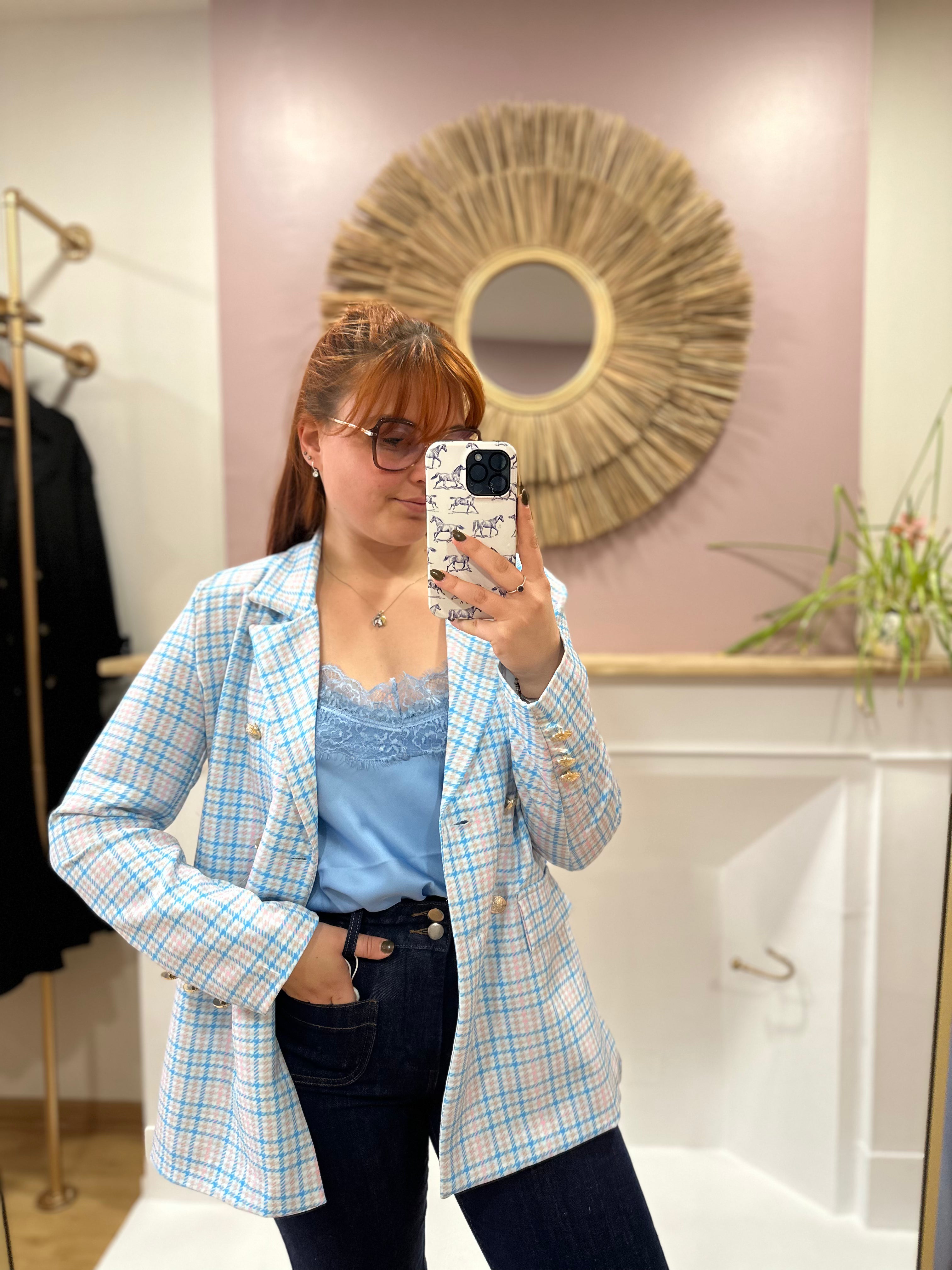 Blazer pied-de-poule bleu femme – Boutons dorés – V&L Paris – Miss Caprice