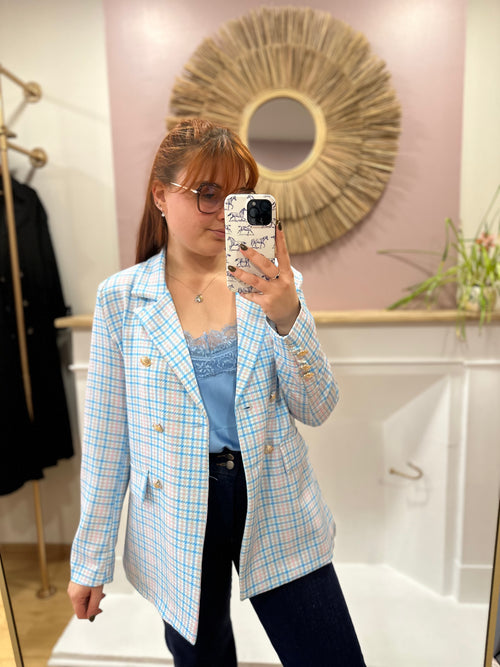 Blazer pied-de-poule bleu femme – Boutons dorés – V&L Paris – Miss Caprice
