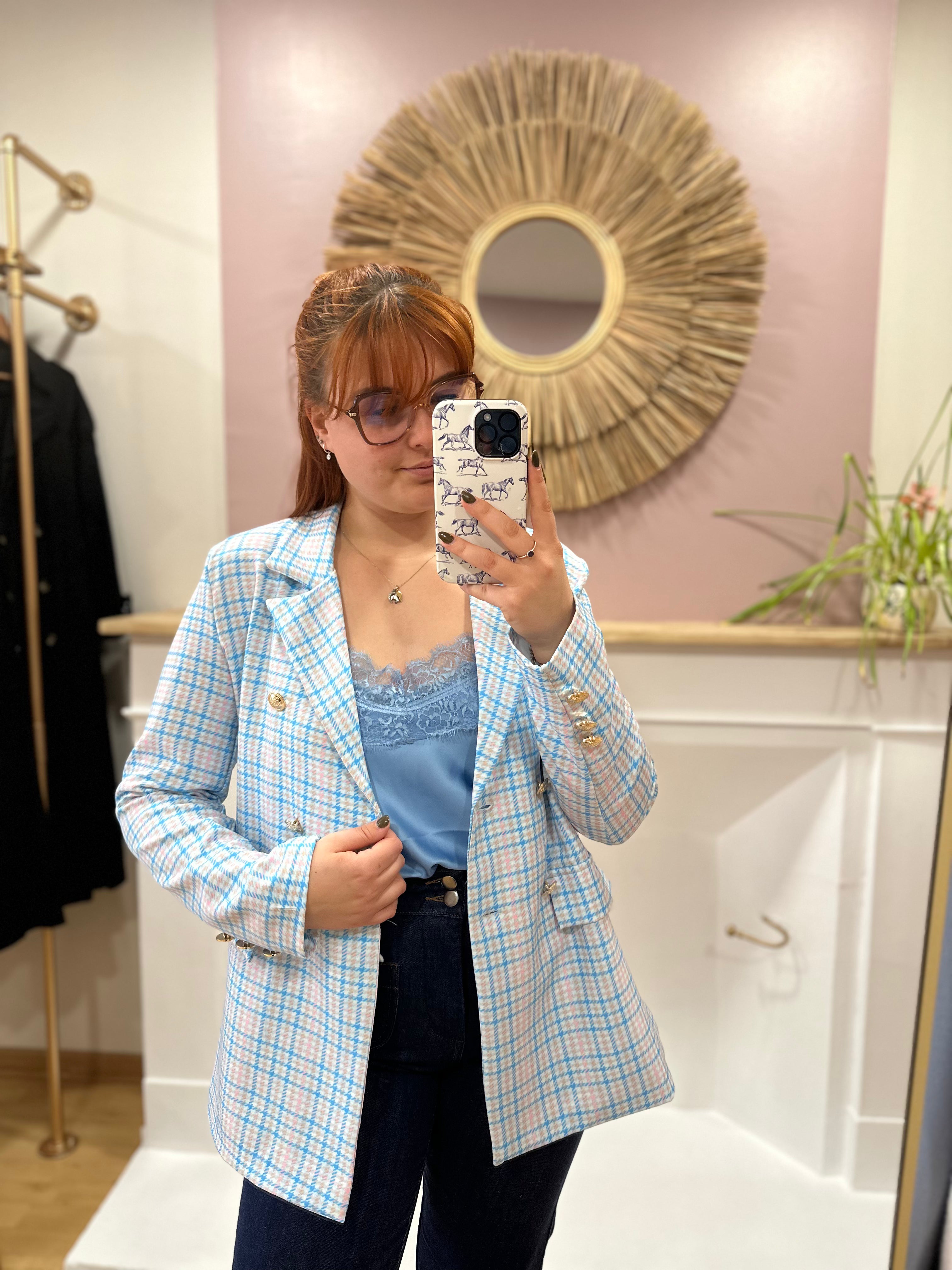 Blazer pied-de-poule bleu femme – Boutons dorés – V&L Paris – Miss Caprice