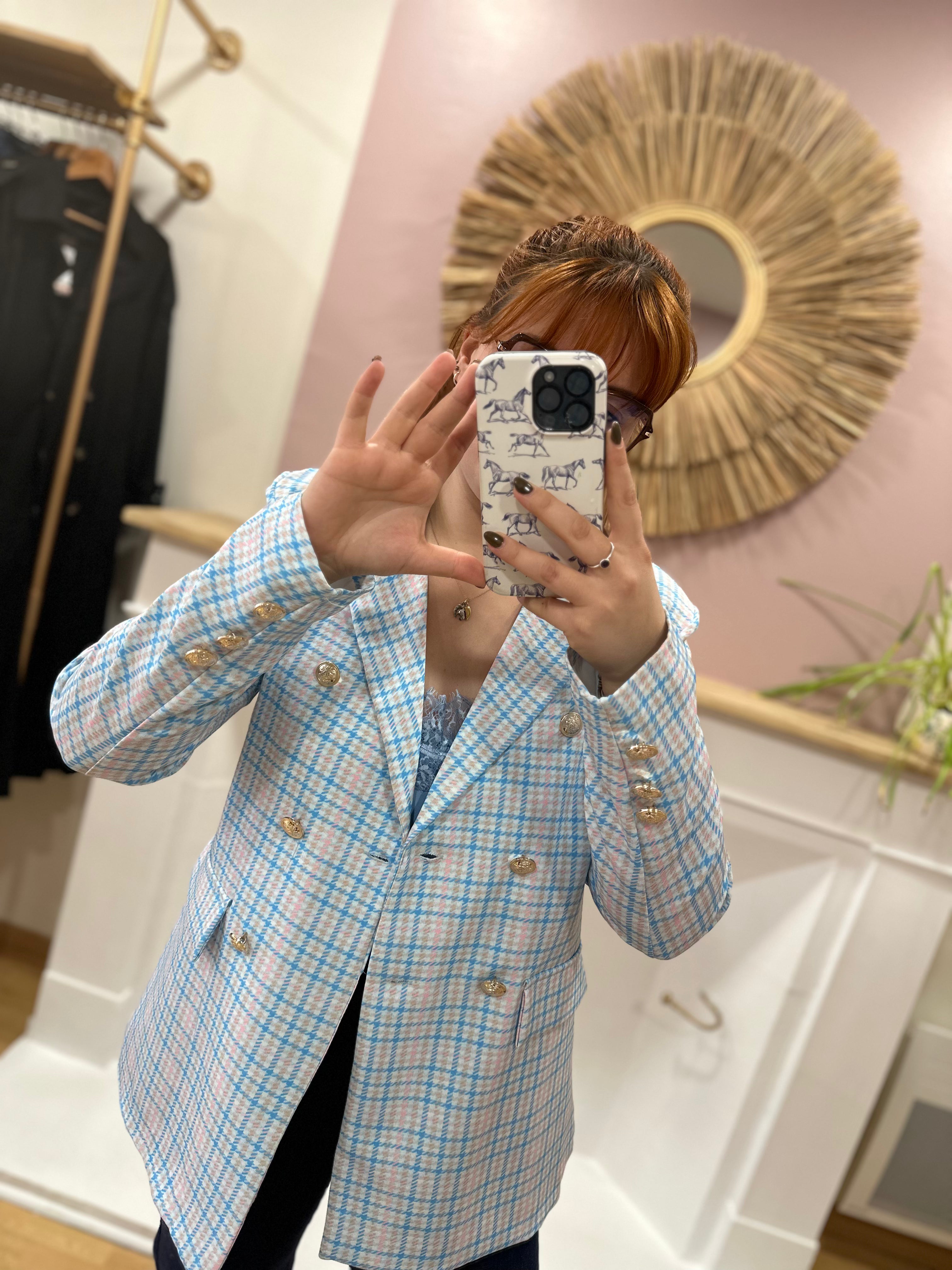 Blazer pied-de-poule bleu femme – Boutons dorés – V&L Paris – Miss Caprice