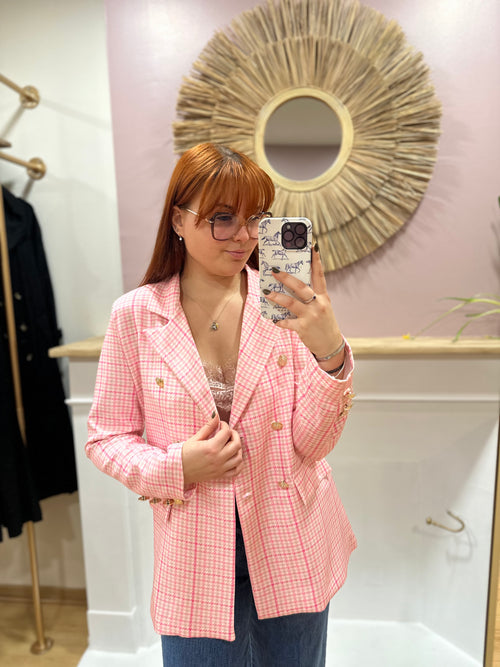 Blazer femme pied-de-poule rose coupe droite – V&L – Miss Caprice