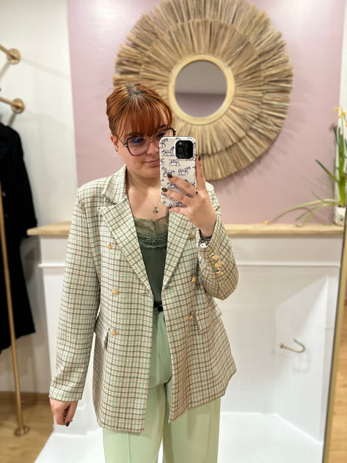 Blazer femme pied de poule vert et blanc coupe droite – V&L – Miss Caprice