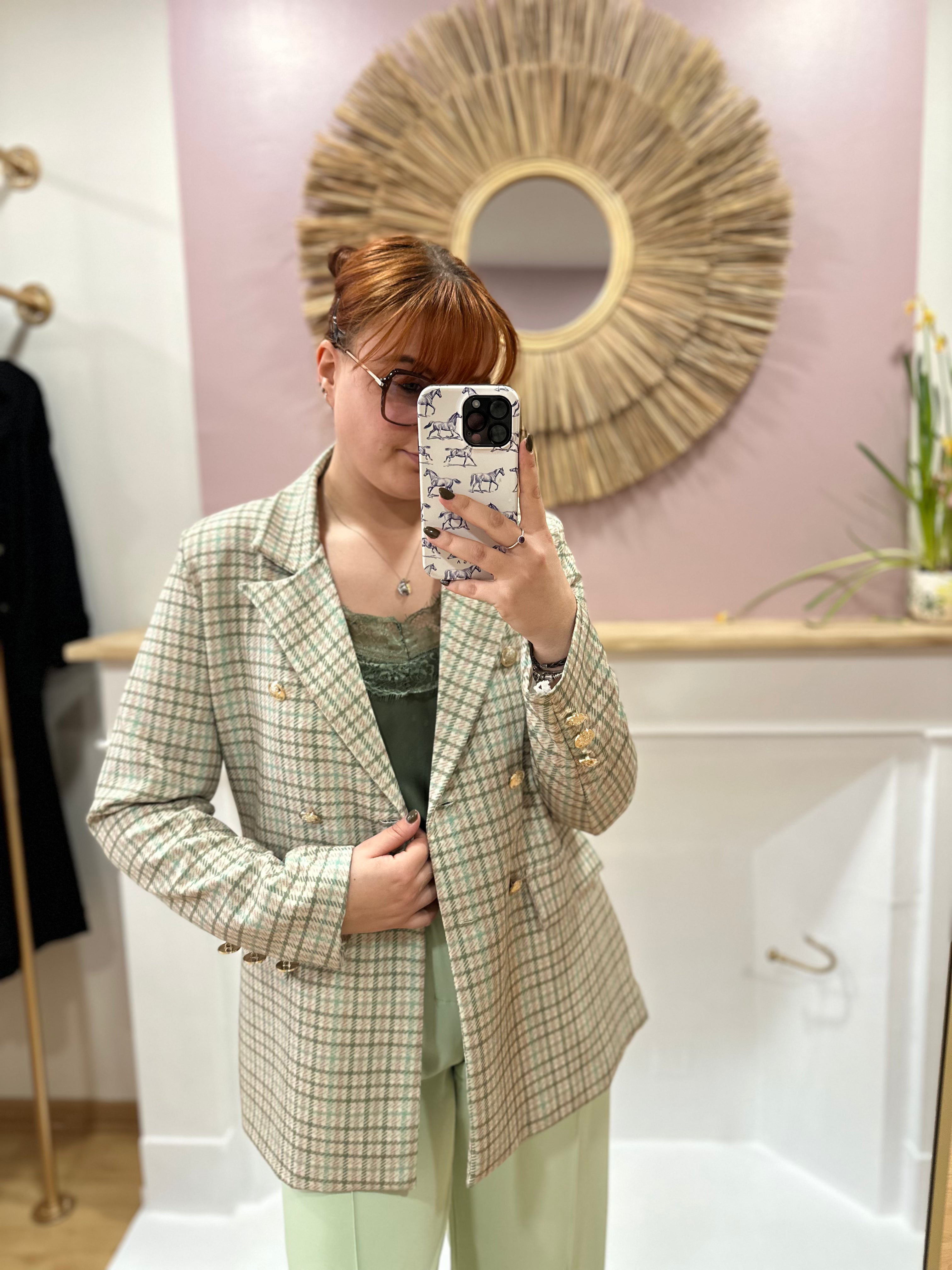 Blazer femme pied de poule vert et blanc coupe droite – V&L – Miss Caprice
