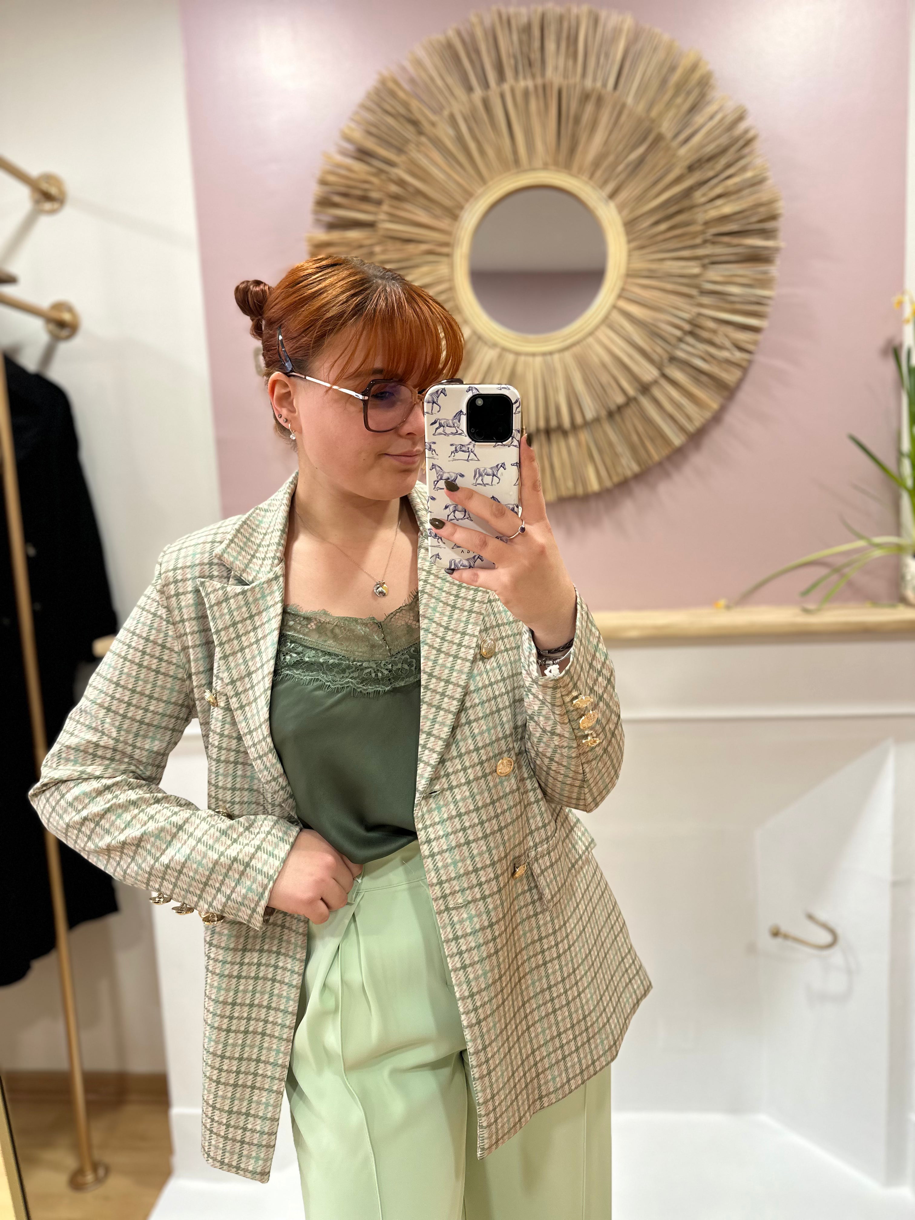 Blazer femme pied de poule vert et blanc coupe droite – V&L – Miss Caprice