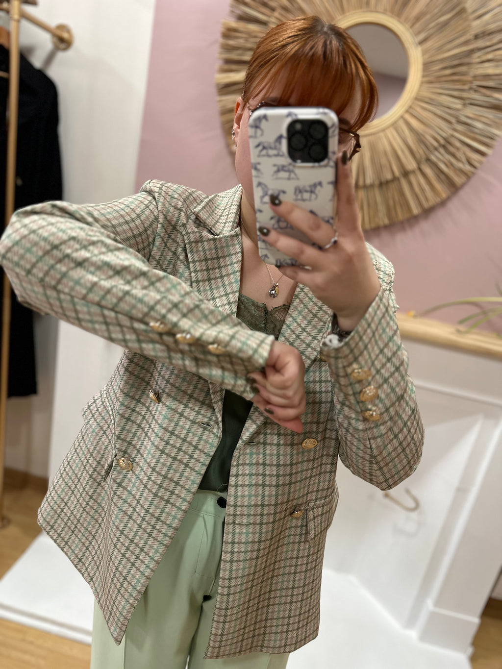 Blazer femme pied de poule vert et blanc coupe droite – V&L – Miss Caprice