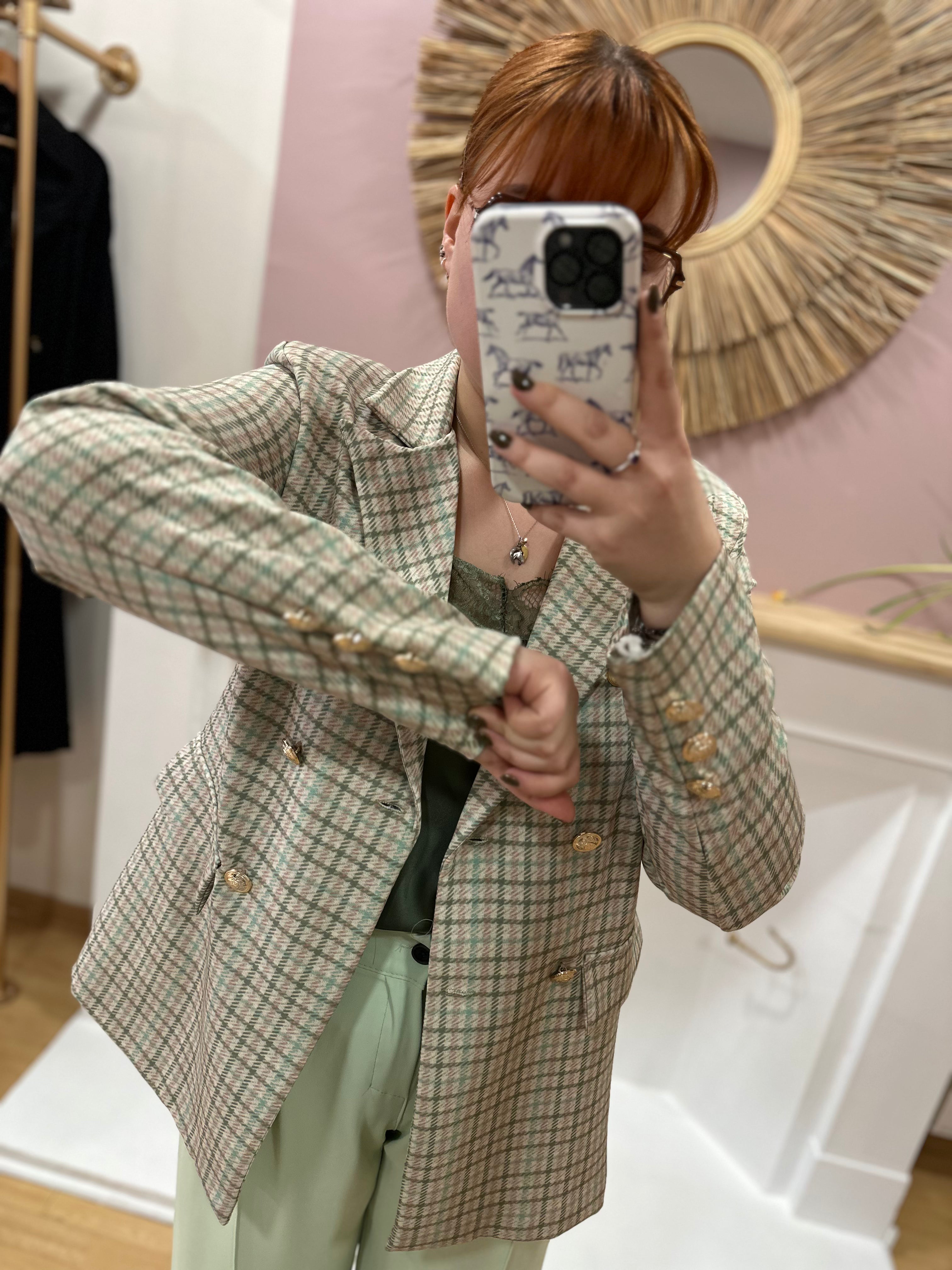 Blazer femme pied de poule vert et blanc coupe droite – V&L – Miss Caprice