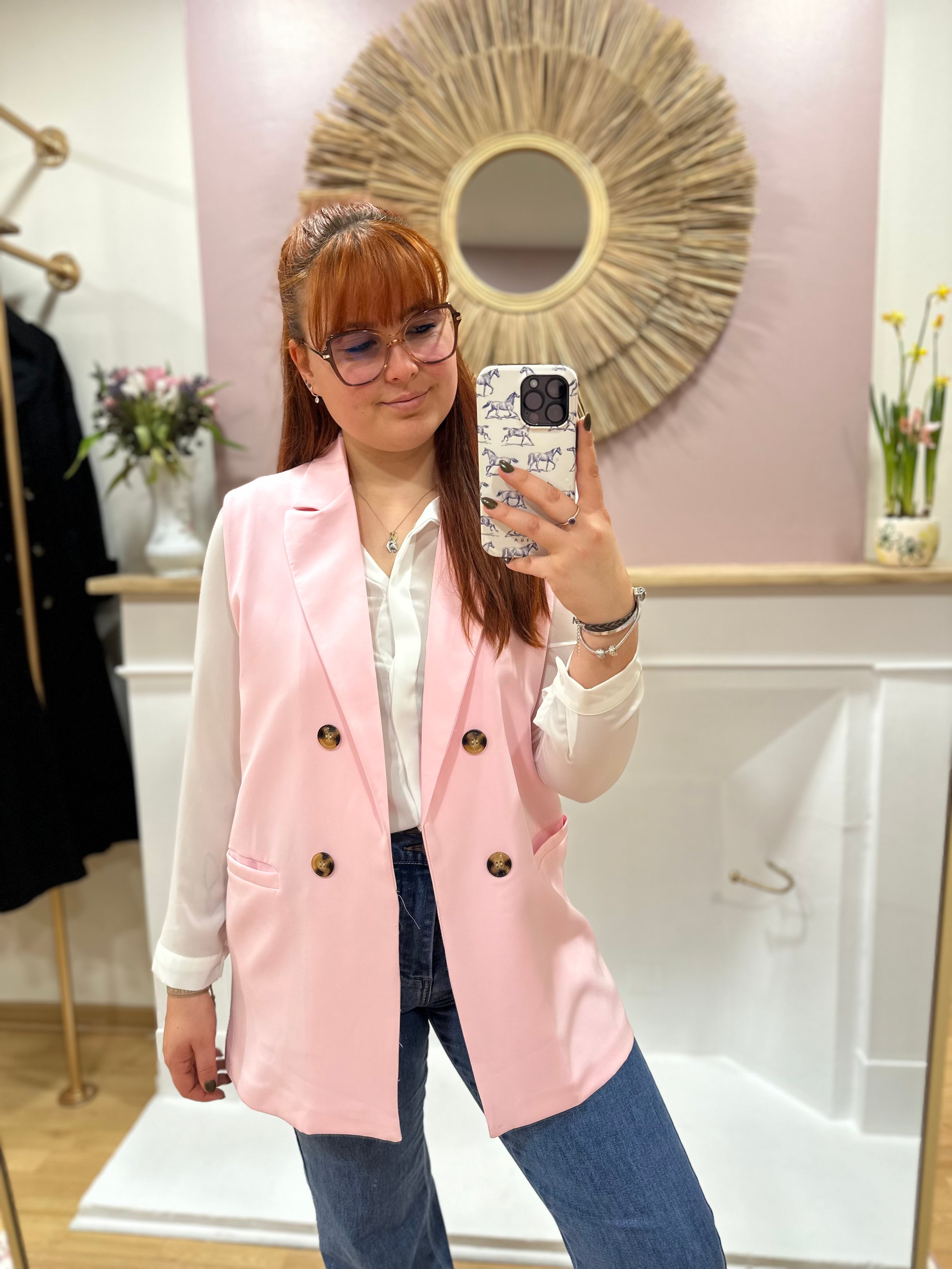 Blazer sans manches femme rose poudré col V – V&L – Miss Caprice