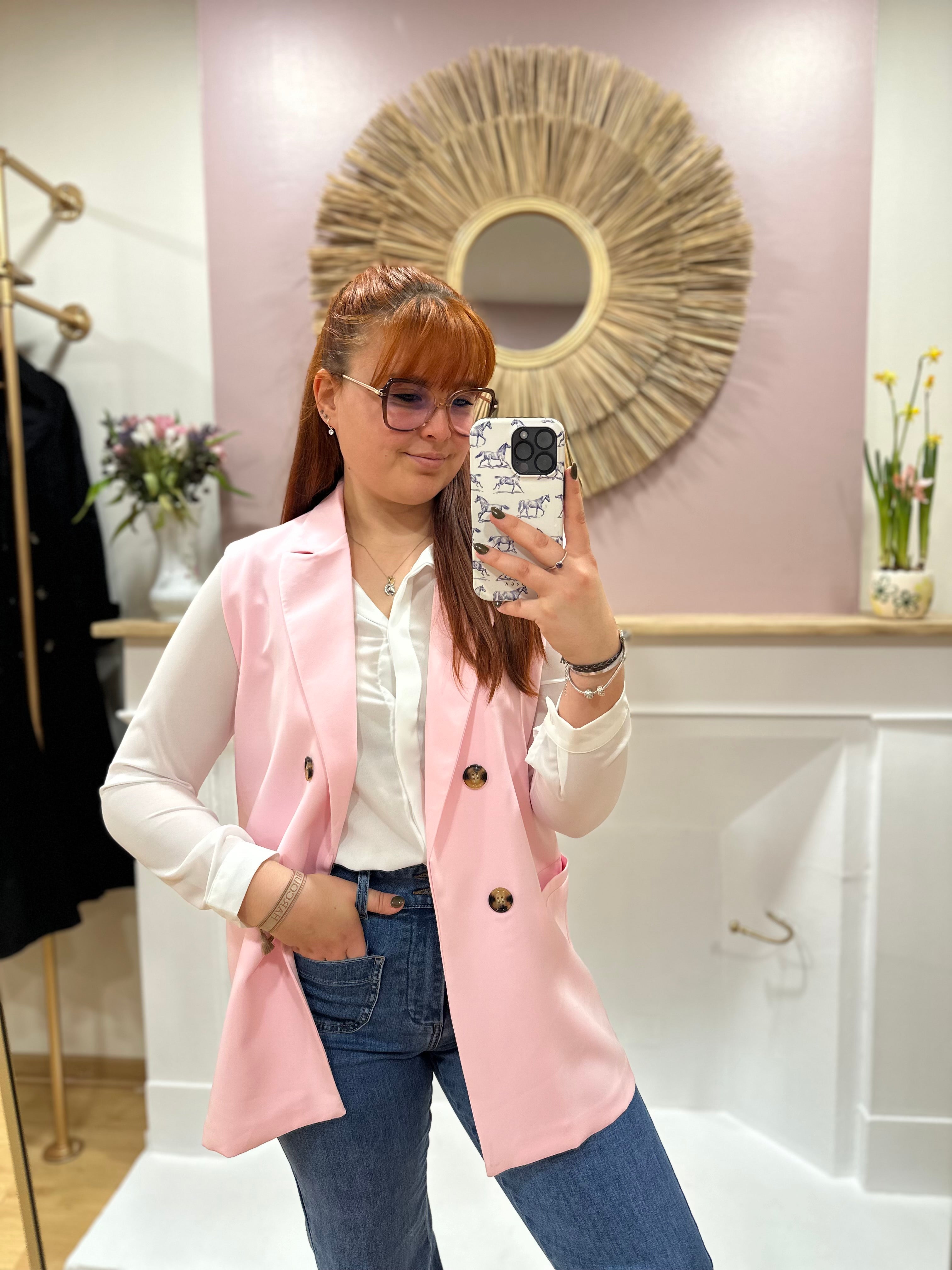 Blazer sans manches femme rose poudré col V – V&L – Miss Caprice