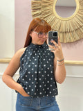 Blouse noire femme sans manches à motif Polka Dot blanc, doublée avec nœud dans le dos – Issyma Made in Italy – Miss Caprice