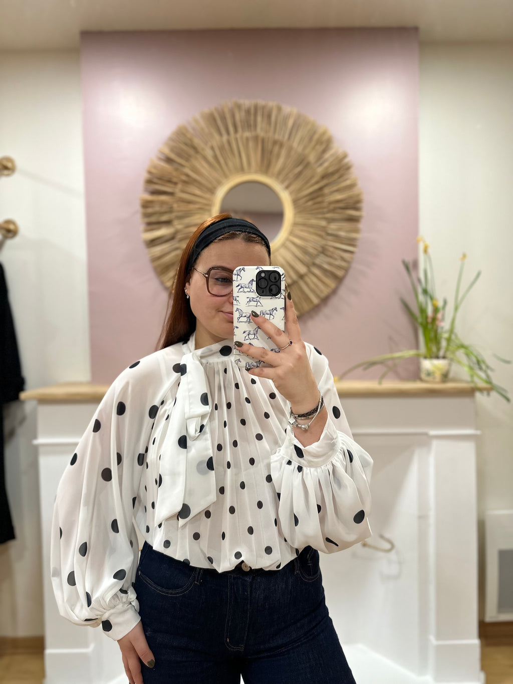 Blouse femme blanche à pois noir fluide manches ballon – Enoioy – Miss Caprice