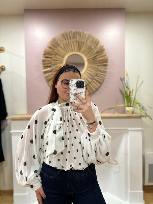 Blouse femme blanche à pois noir fluide manches ballon – Enoioy – Miss Caprice