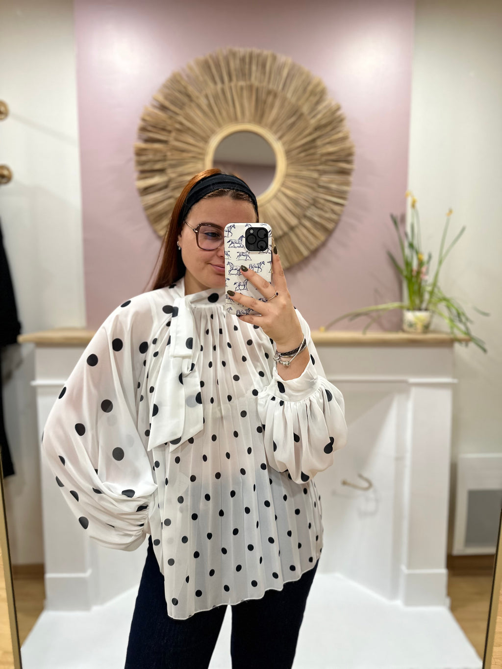 Blouse femme blanche à pois noir fluide manches ballon – Enoioy – Miss Caprice
