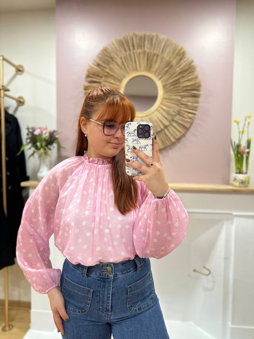 Blouse rose femme à pois blancs col rond – Amy and Clo – Miss Caprice