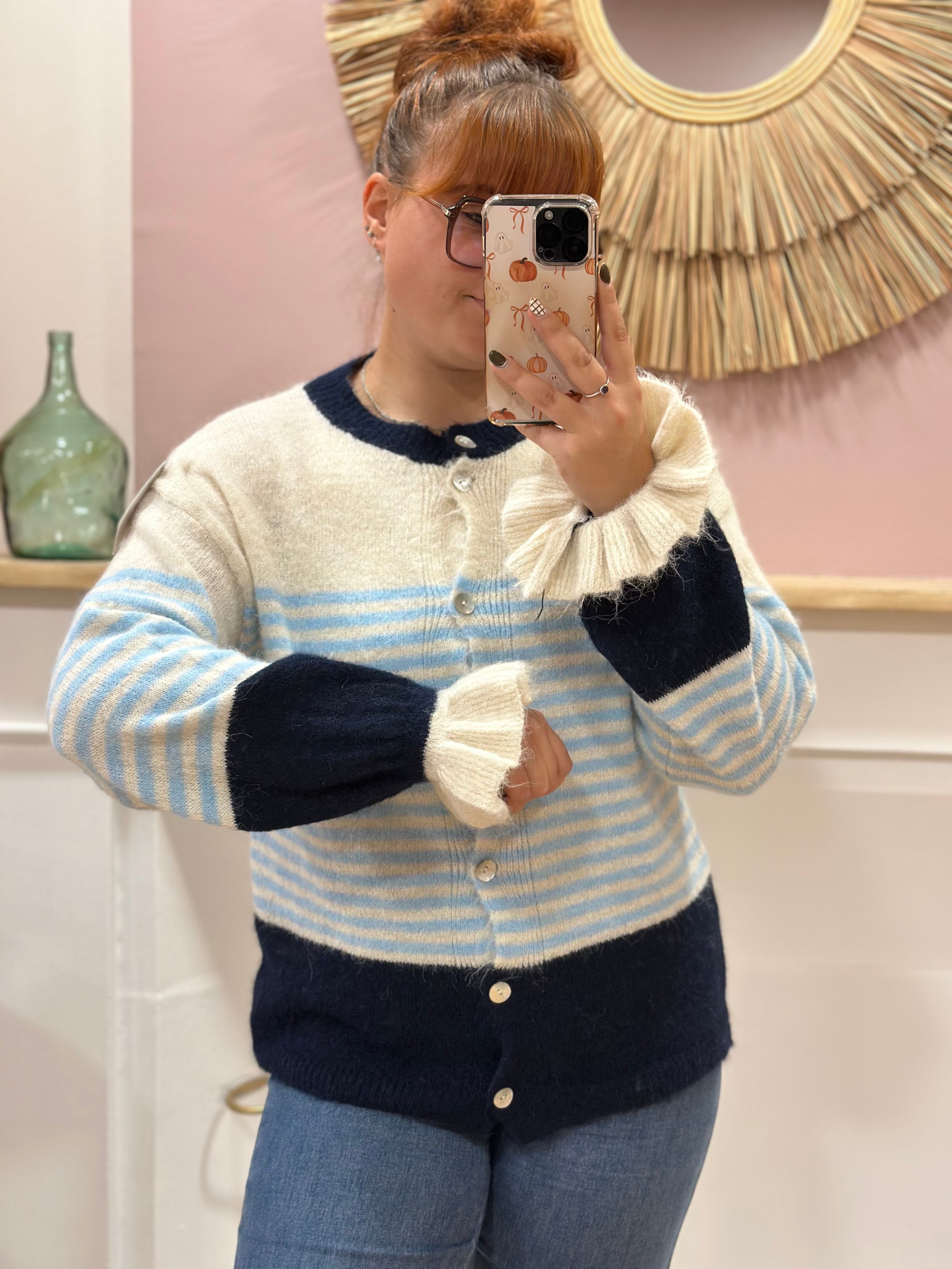 Cardigan femme rayé bleu ciel et écru avec finitions bleu marine et col rond – Schilo Jolie Made in Italy – Miss Caprice