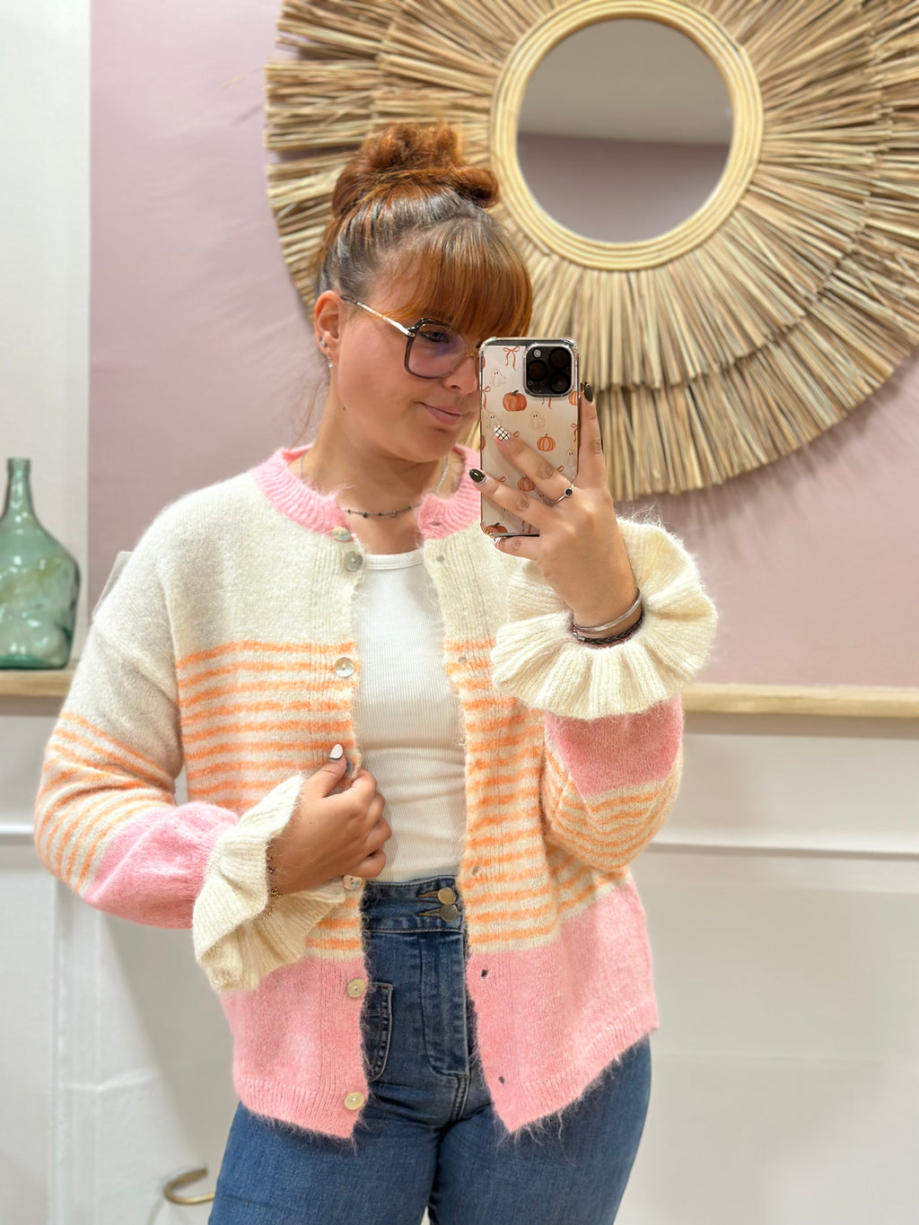Cardigan femme rayé rose et orange à col rond – Schilo Jolie Made in Italy – Miss Caprice