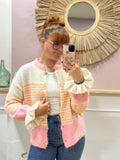 Cardigan femme rayé rose et orange à col rond – Schilo Jolie Made in Italy – Miss Caprice