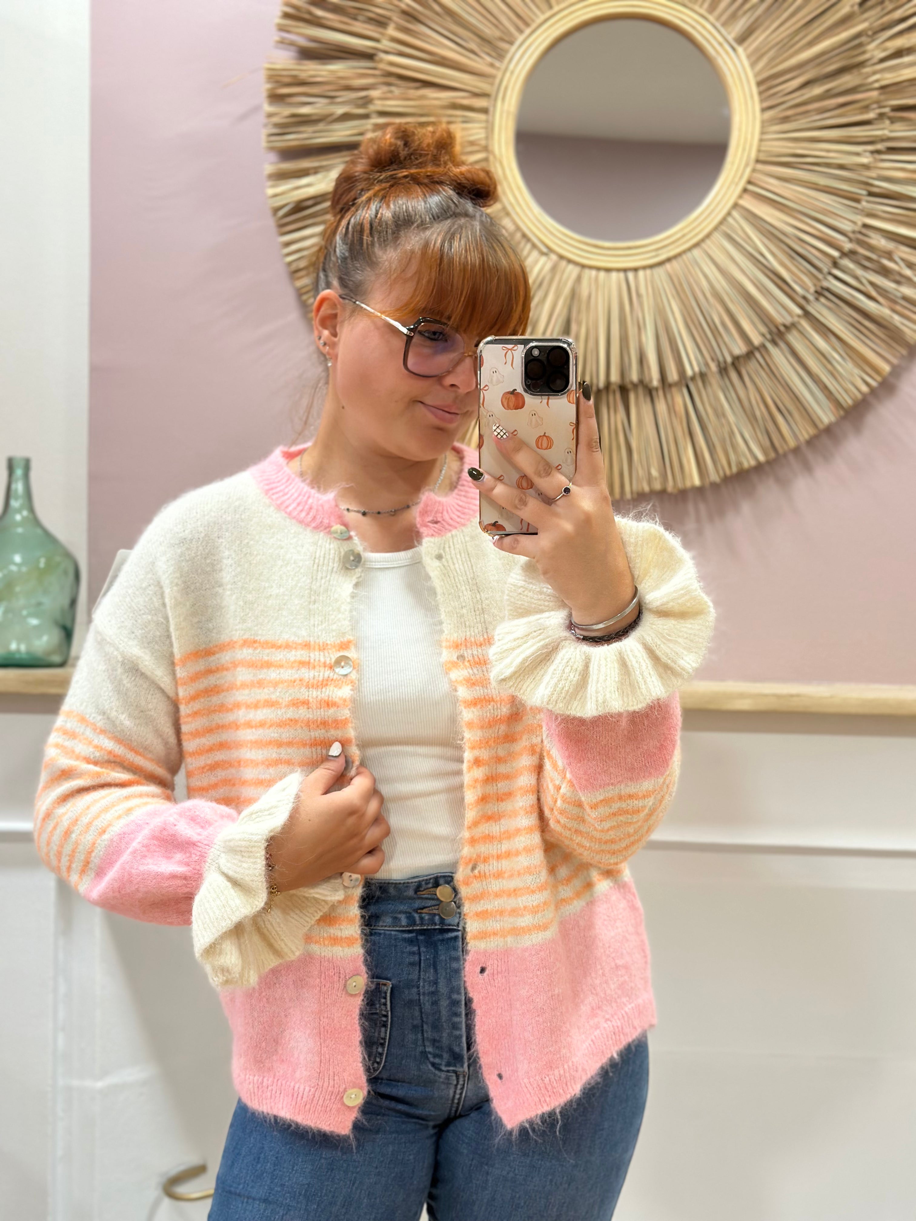 Cardigan femme rayé rose et orange à col rond – Schilo Jolie Made in Italy – Miss Caprice