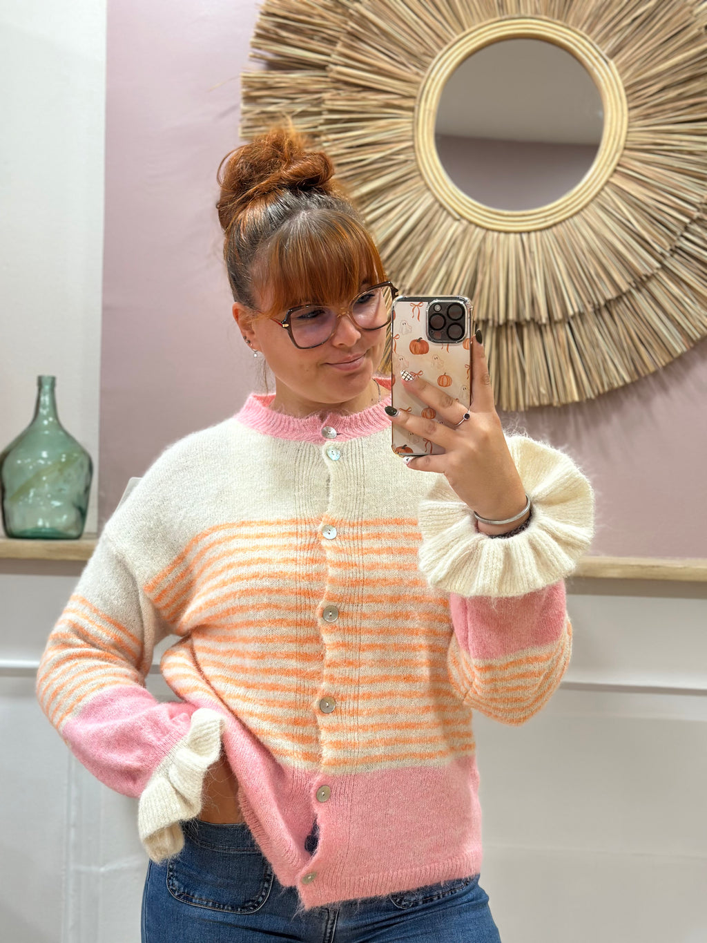 Cardigan femme rayé rose et orange à col rond – Schilo Jolie Made in Italy – Miss Caprice