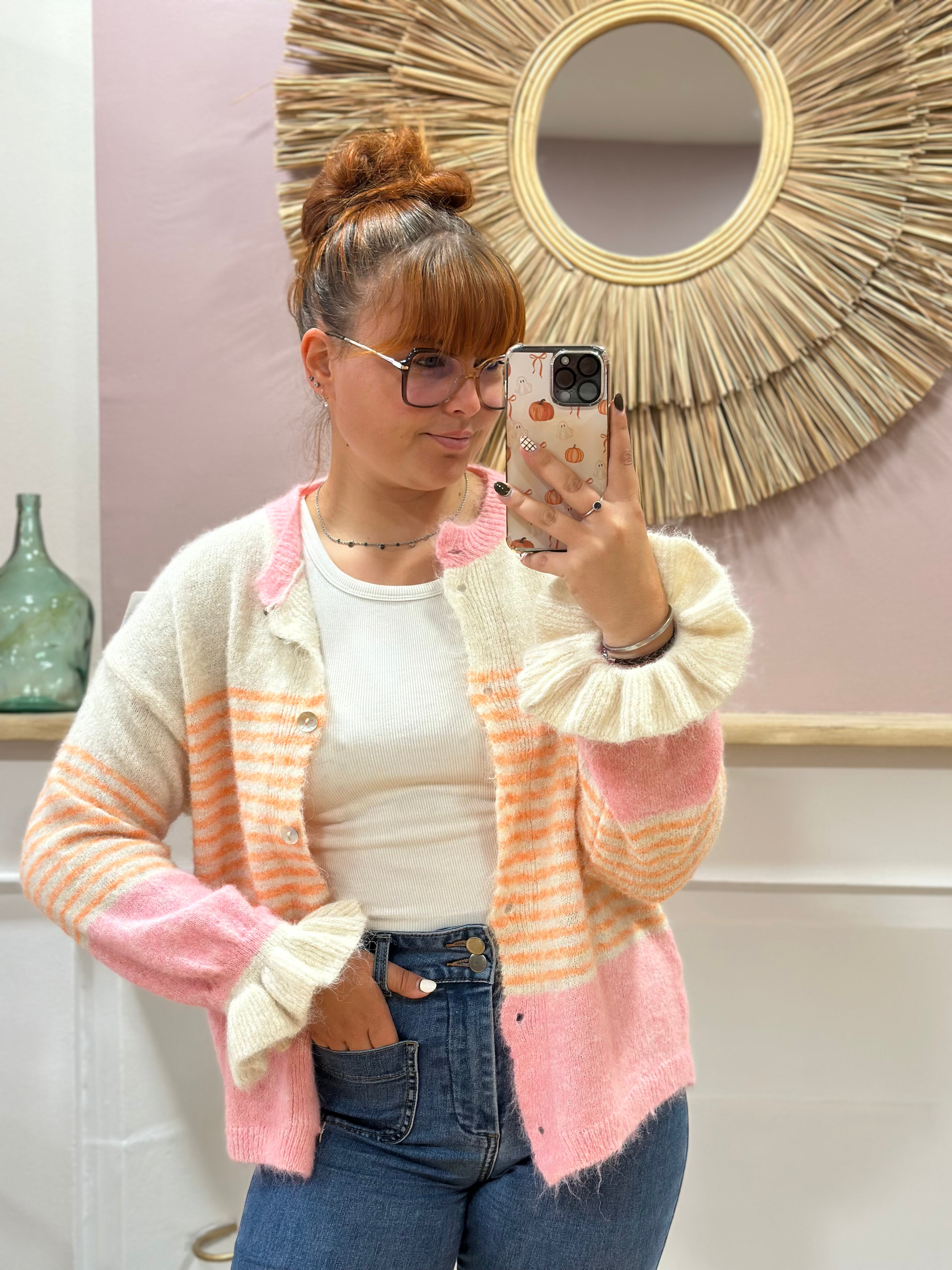 Cardigan femme rayé rose et orange à col rond – Schilo Jolie Made in Italy – Miss Caprice