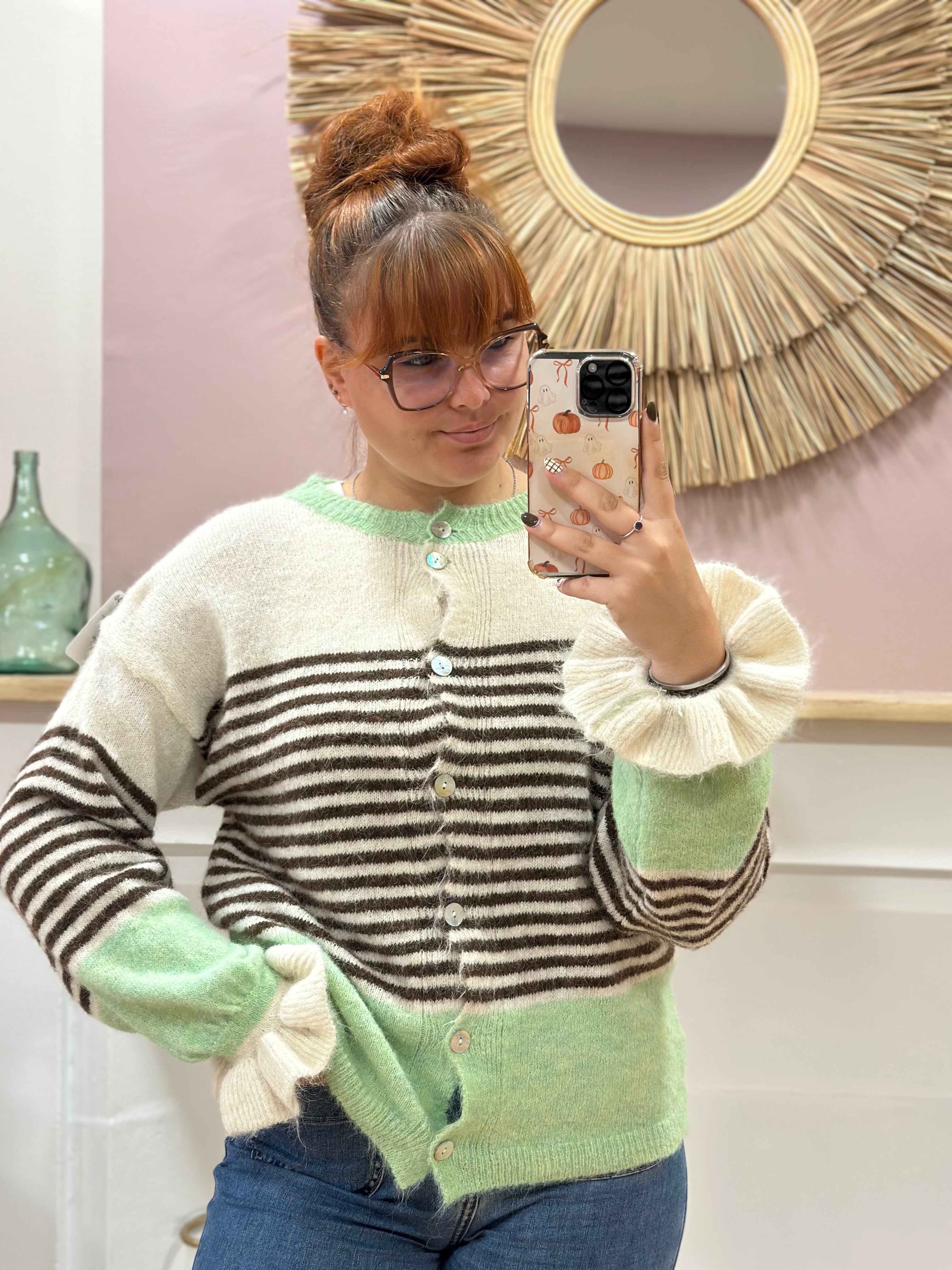 Cardigan femme rayé vert clair et marron à col rond – Schilo Jolie Made in Italy – Miss Caprice