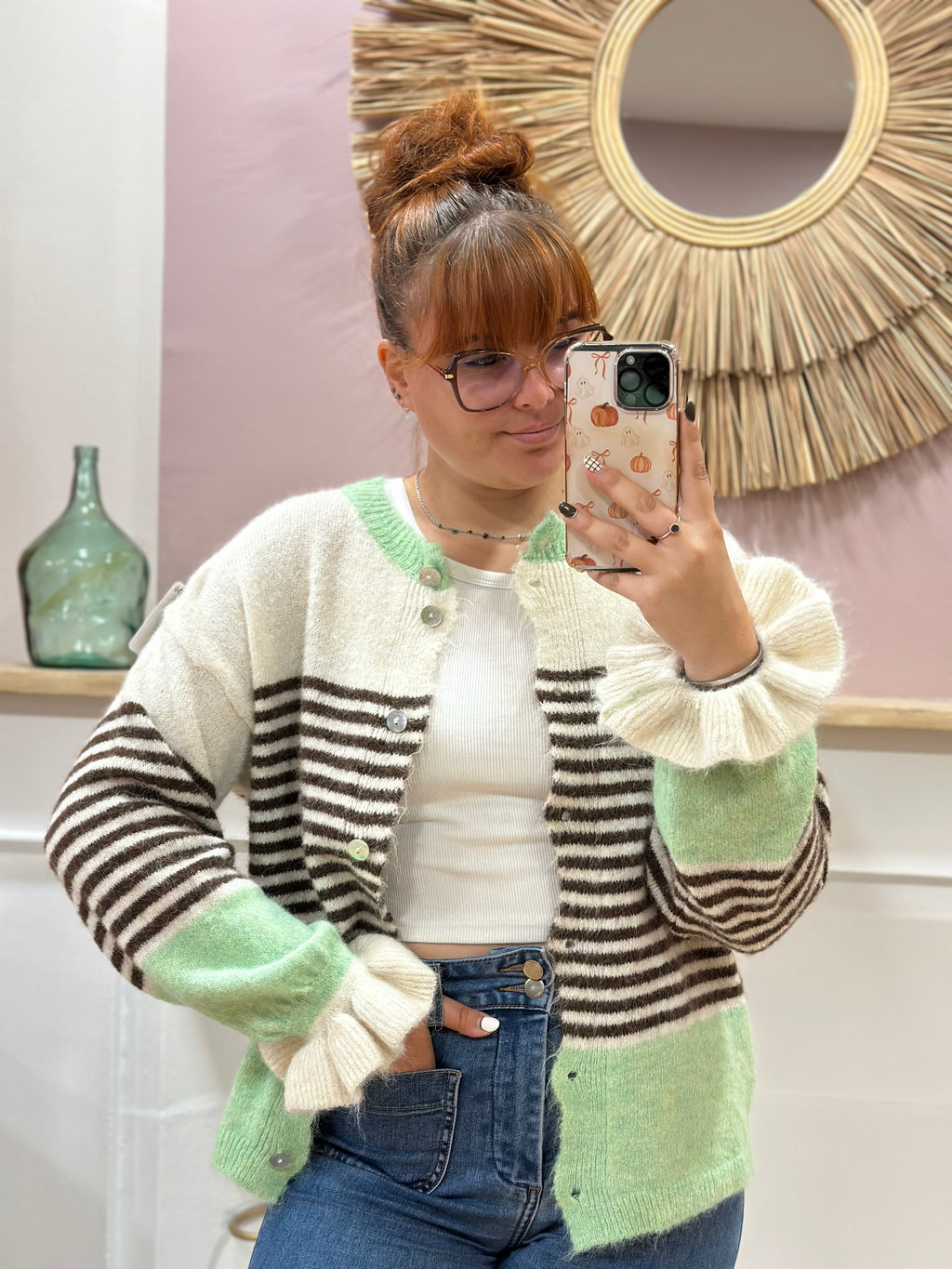 Cardigan femme rayé vert clair et marron à col rond – Schilo Jolie Made in Italy – Miss Caprice