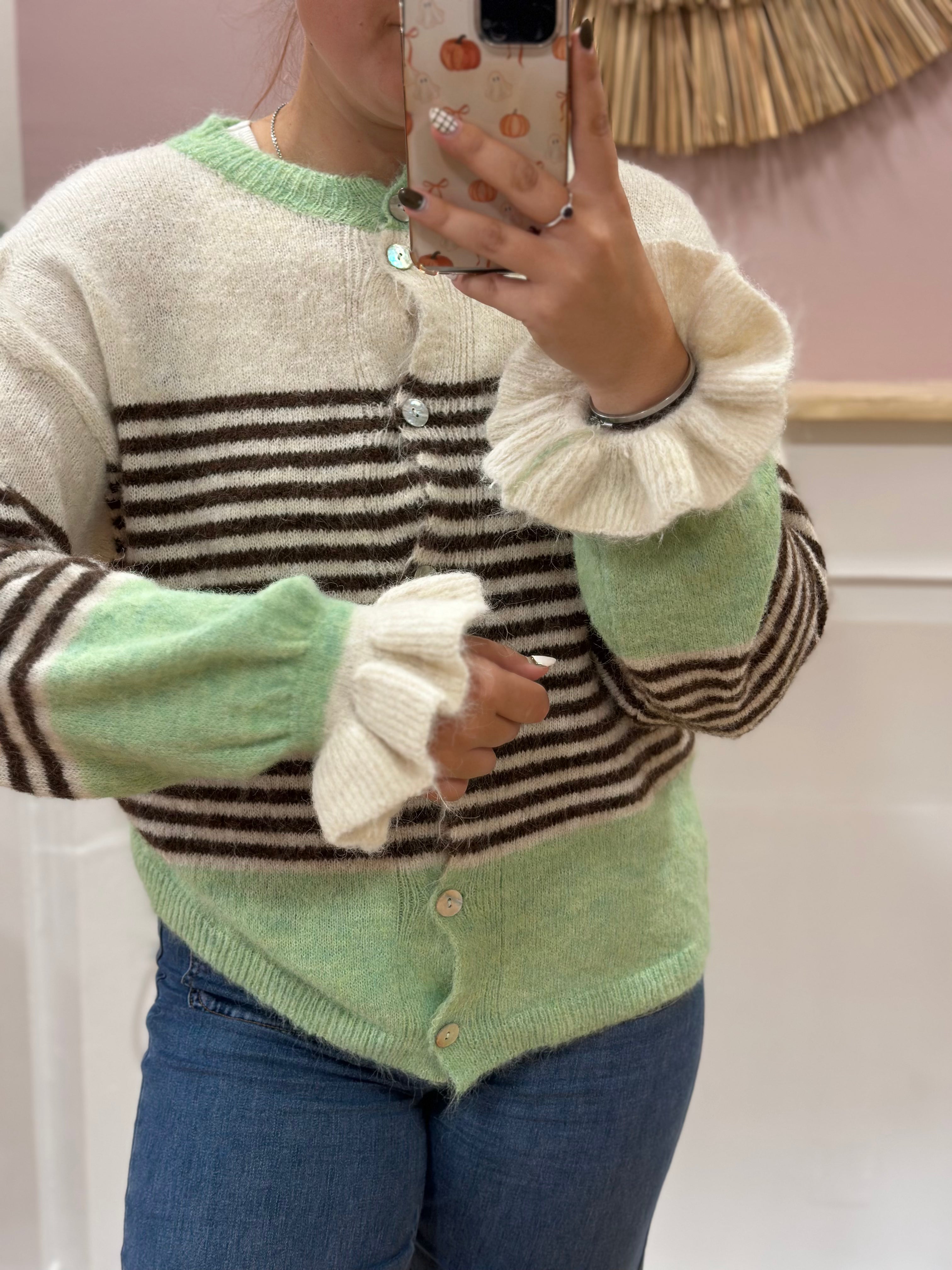 Cardigan femme rayé vert clair et marron à col rond – Schilo Jolie Made in Italy – Miss Caprice