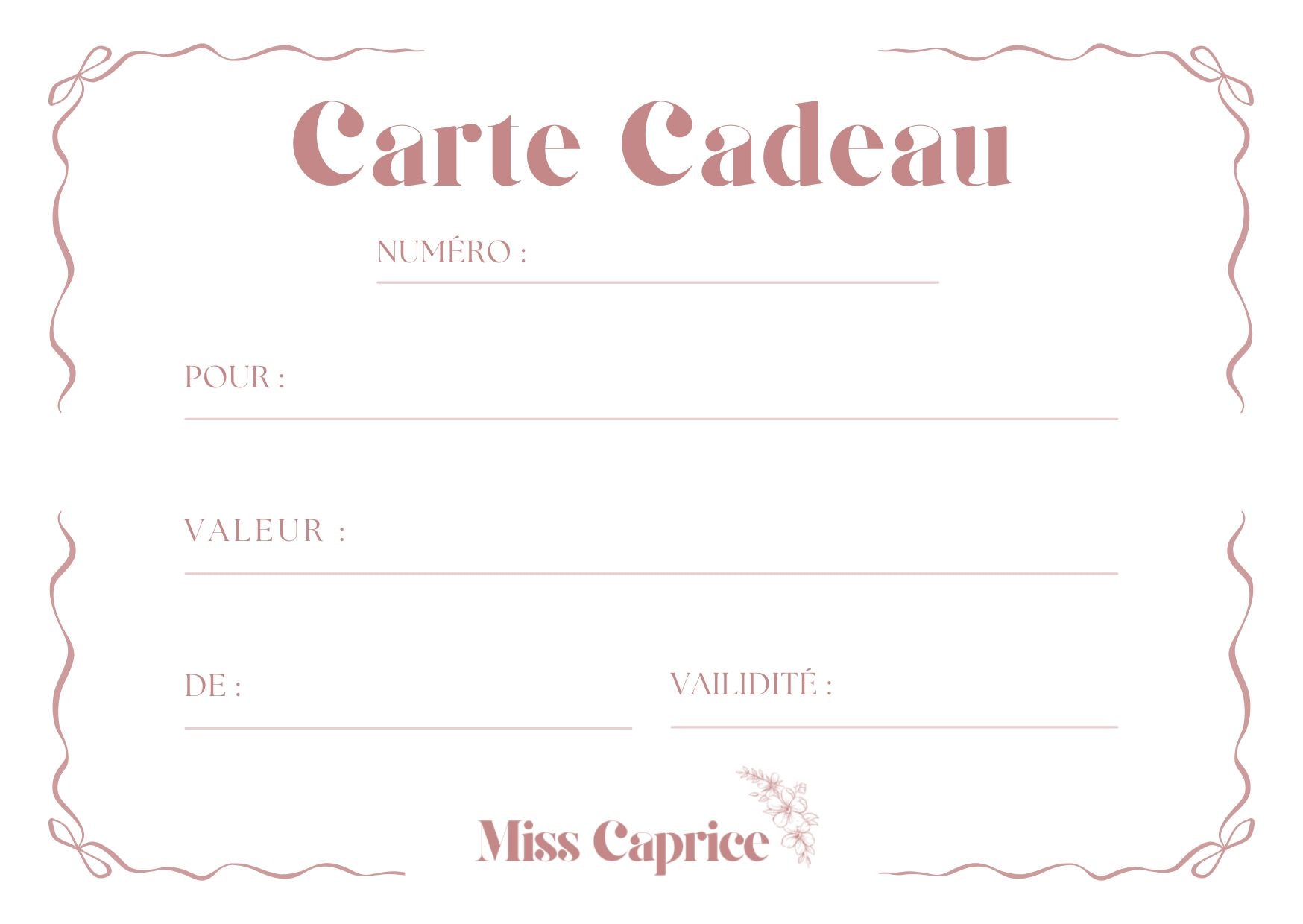 Carte cadeau Miss Caprice – Valable 1 an – Boutique et en ligne – Idée cadeau femme