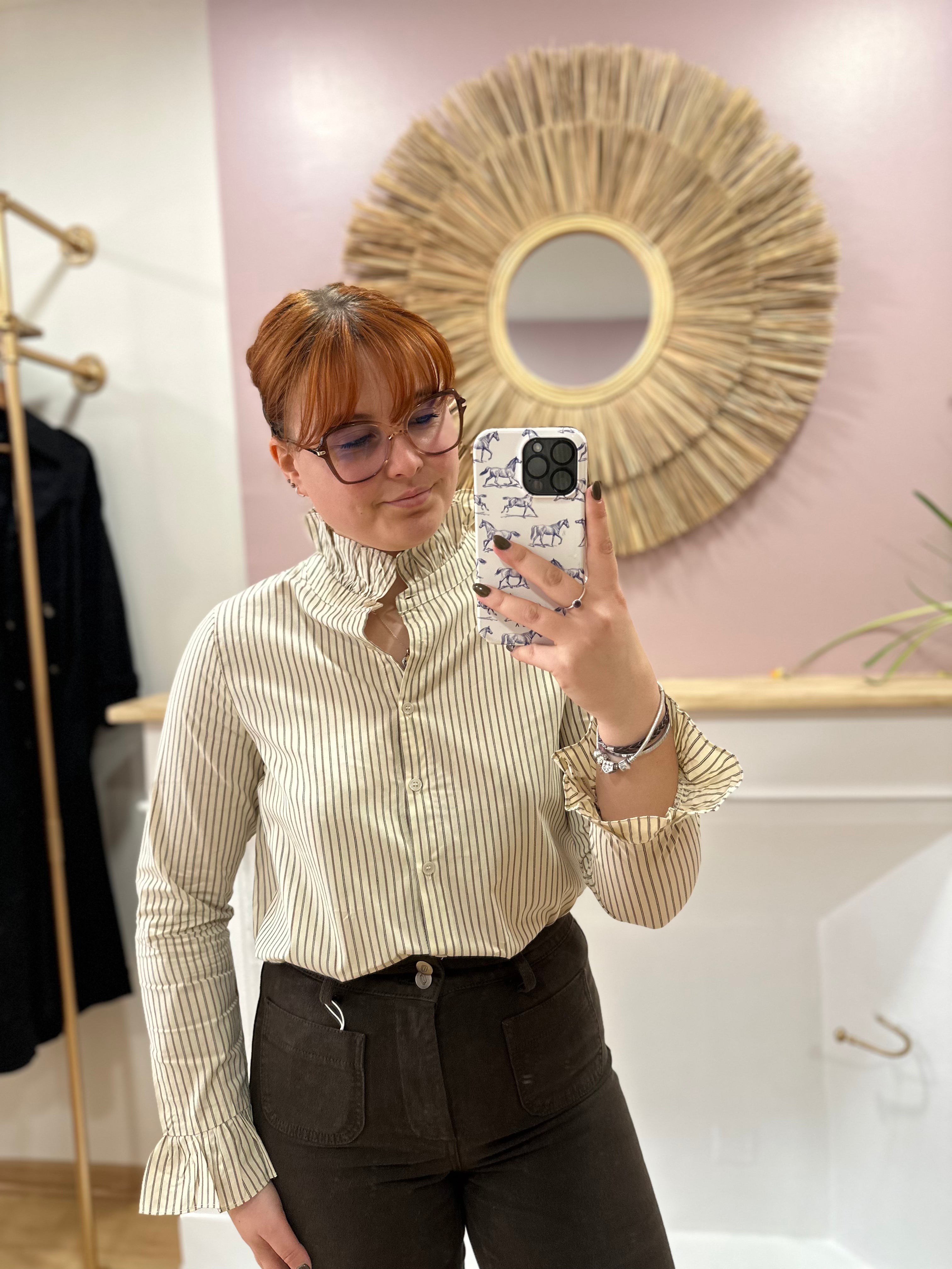Chemise femme beige rayures marron col froncé – In April 1986 – Miss Caprice