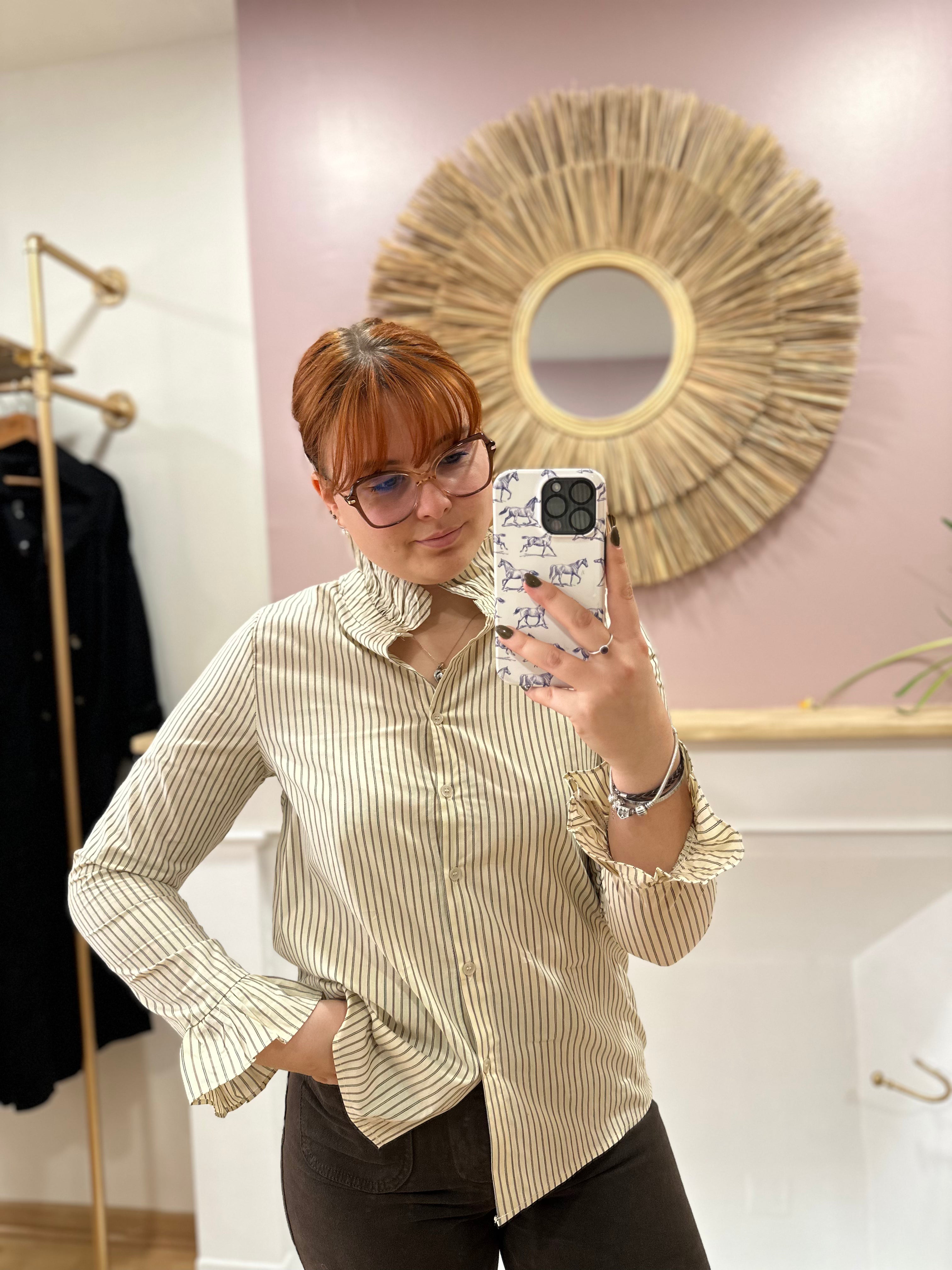 Chemise femme beige rayures marron col froncé – In April 1986 – Miss Caprice