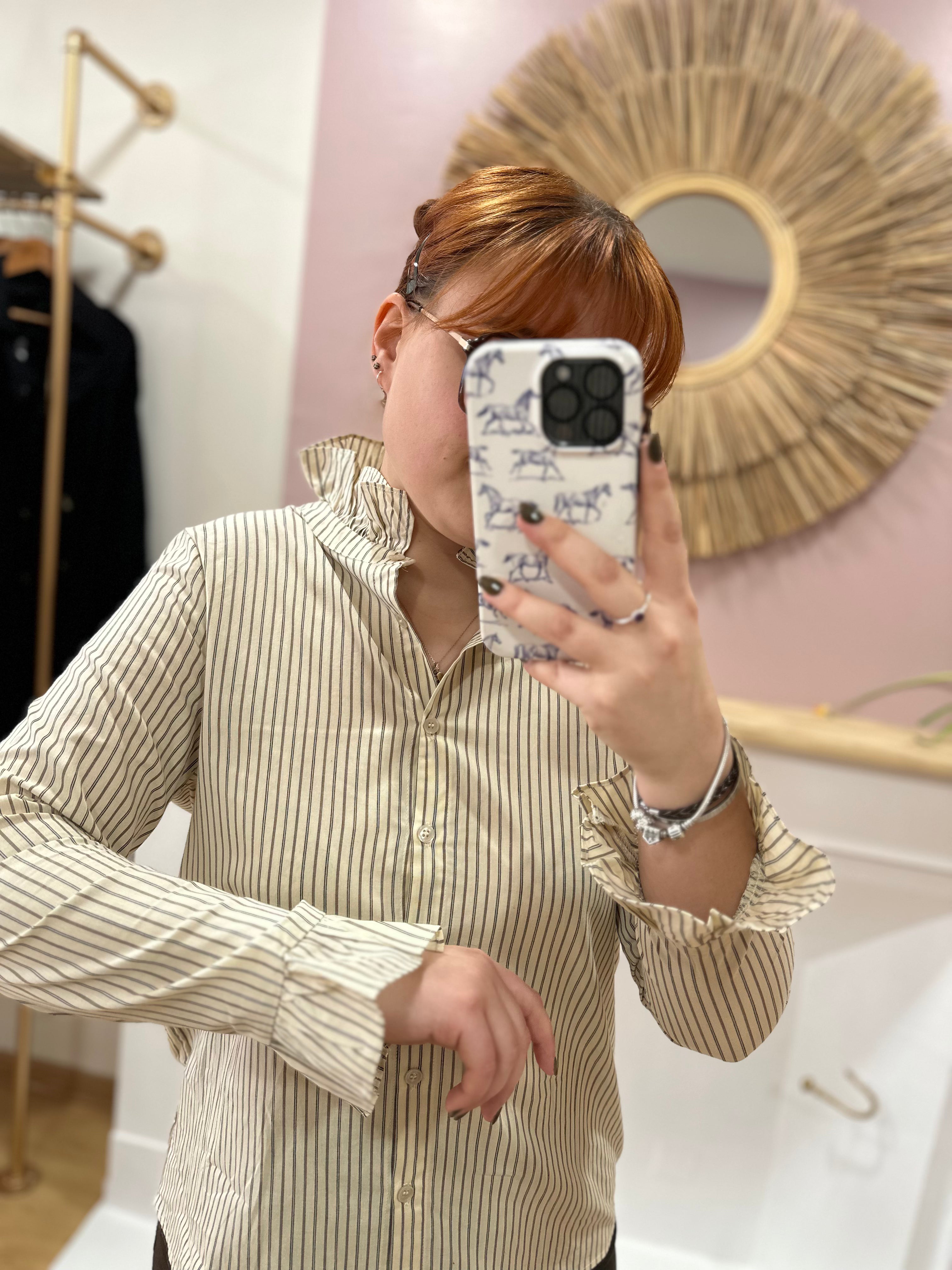 Chemise femme beige rayures marron col froncé – In April 1986 – Miss Caprice
