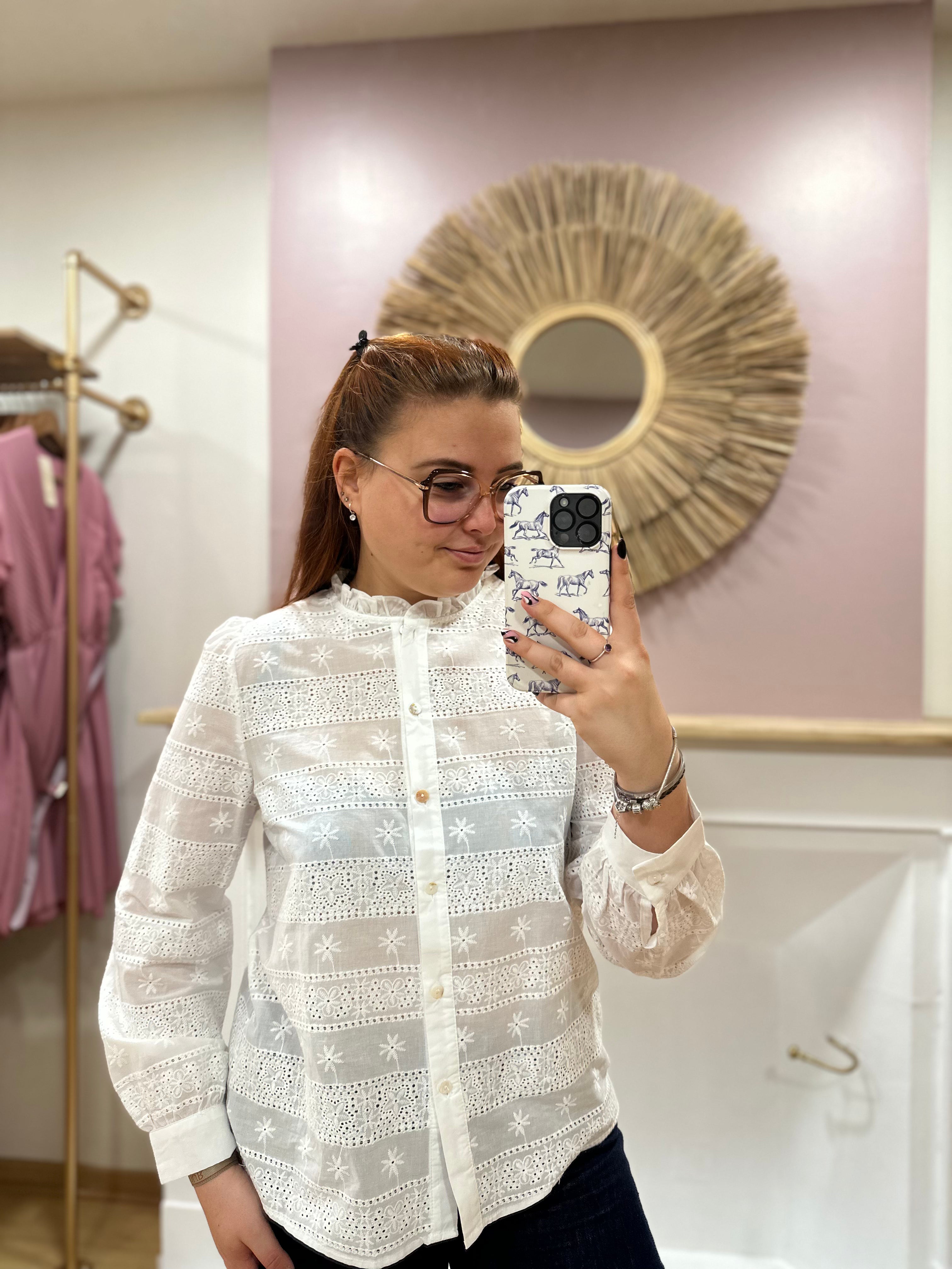 Chemise blanche femme – Broderie anglaise – Col rond à volants – Coupe droite – In April 1986 – Miss Caprice