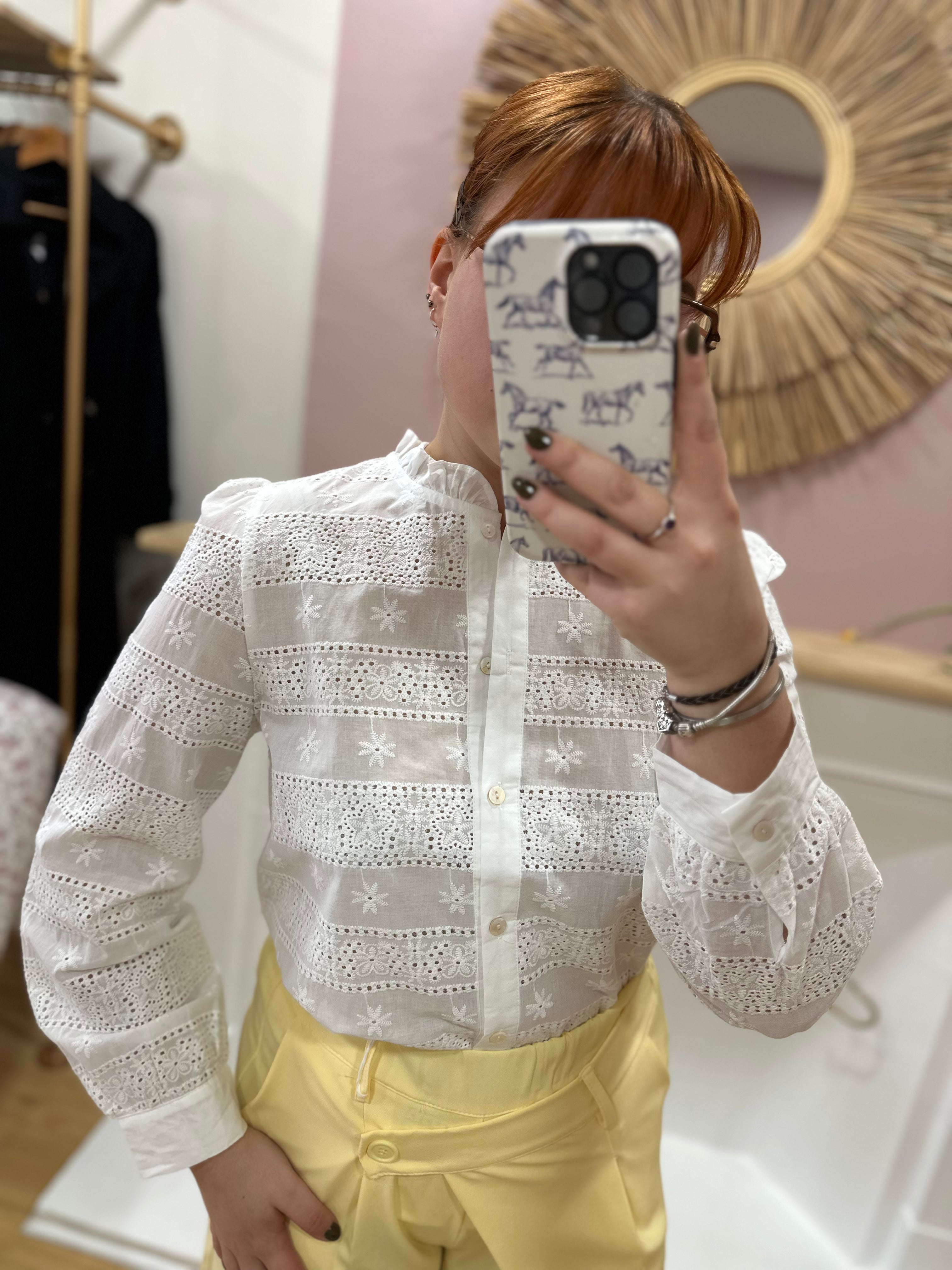 Chemise femme grande taille blanche broderie anglaise col volanté – In April 1986 – Miss Caprice