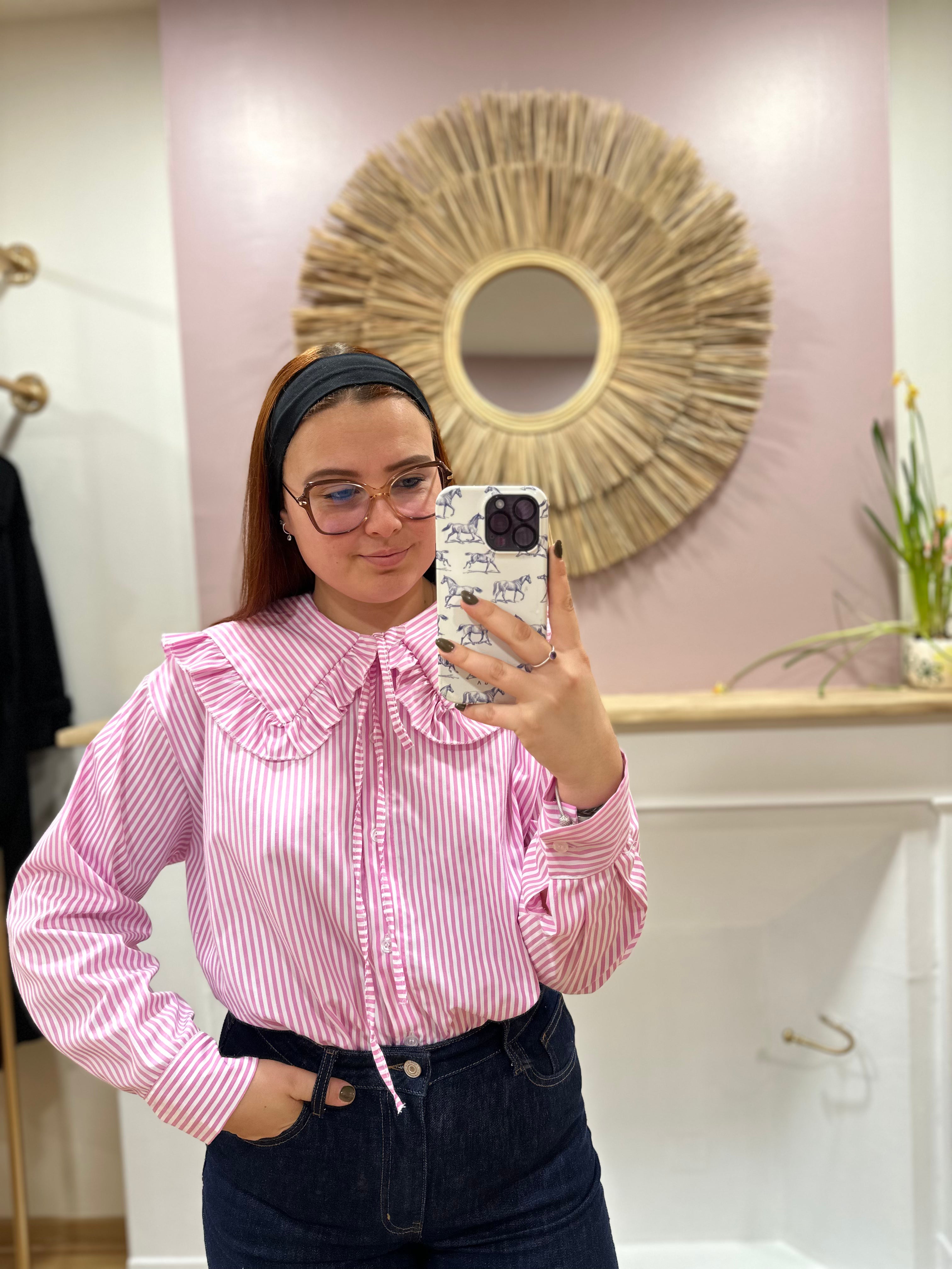 Chemise oversize femme rose et blanche à rayures col Claudine – Estée – Miss Caprice