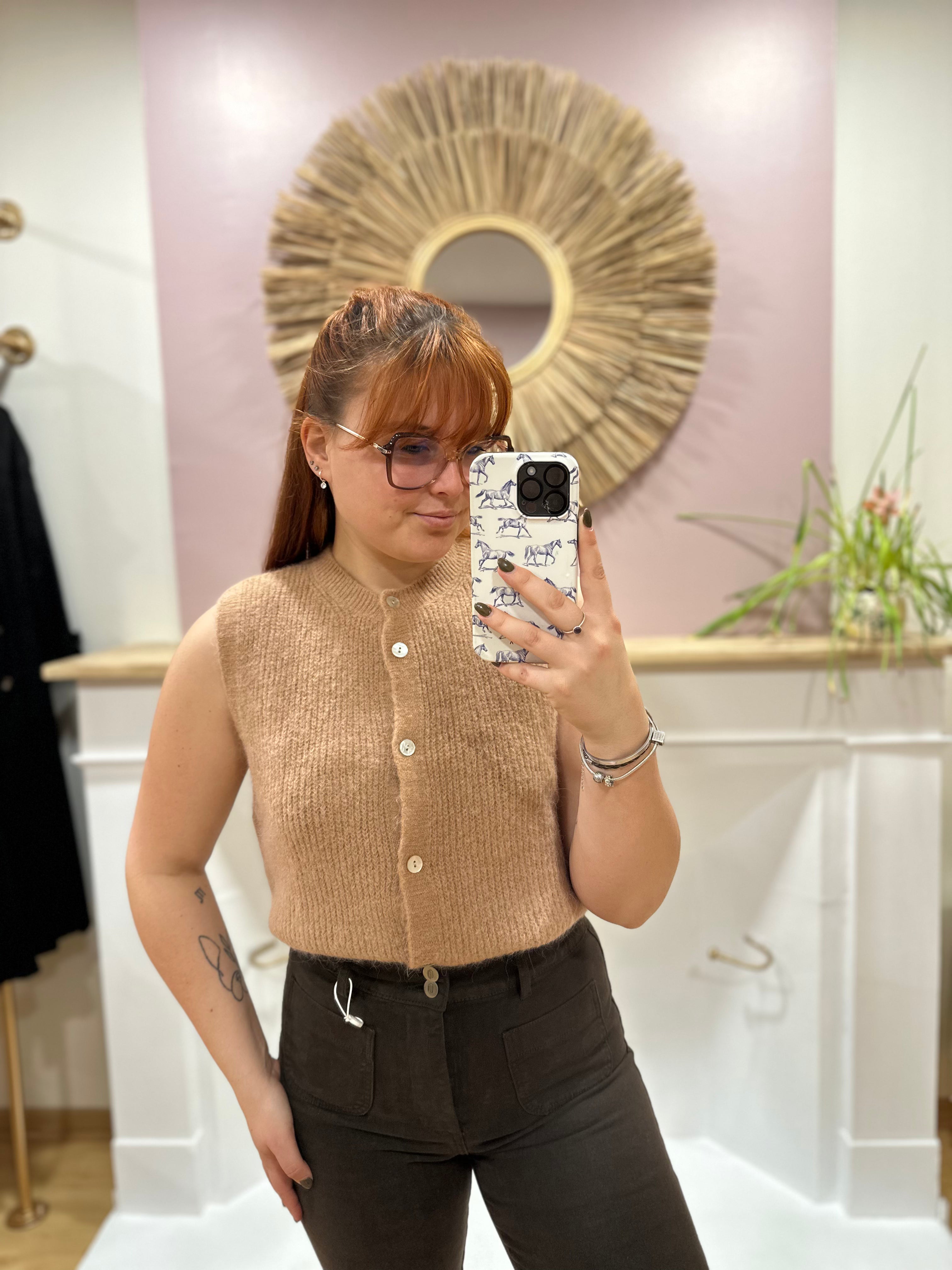 Gilet sans manches maille camel femme