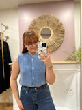 Gilet sans manches maille bleu jean femme – Doux et chaud – Maëlys Paris – Miss Caprice