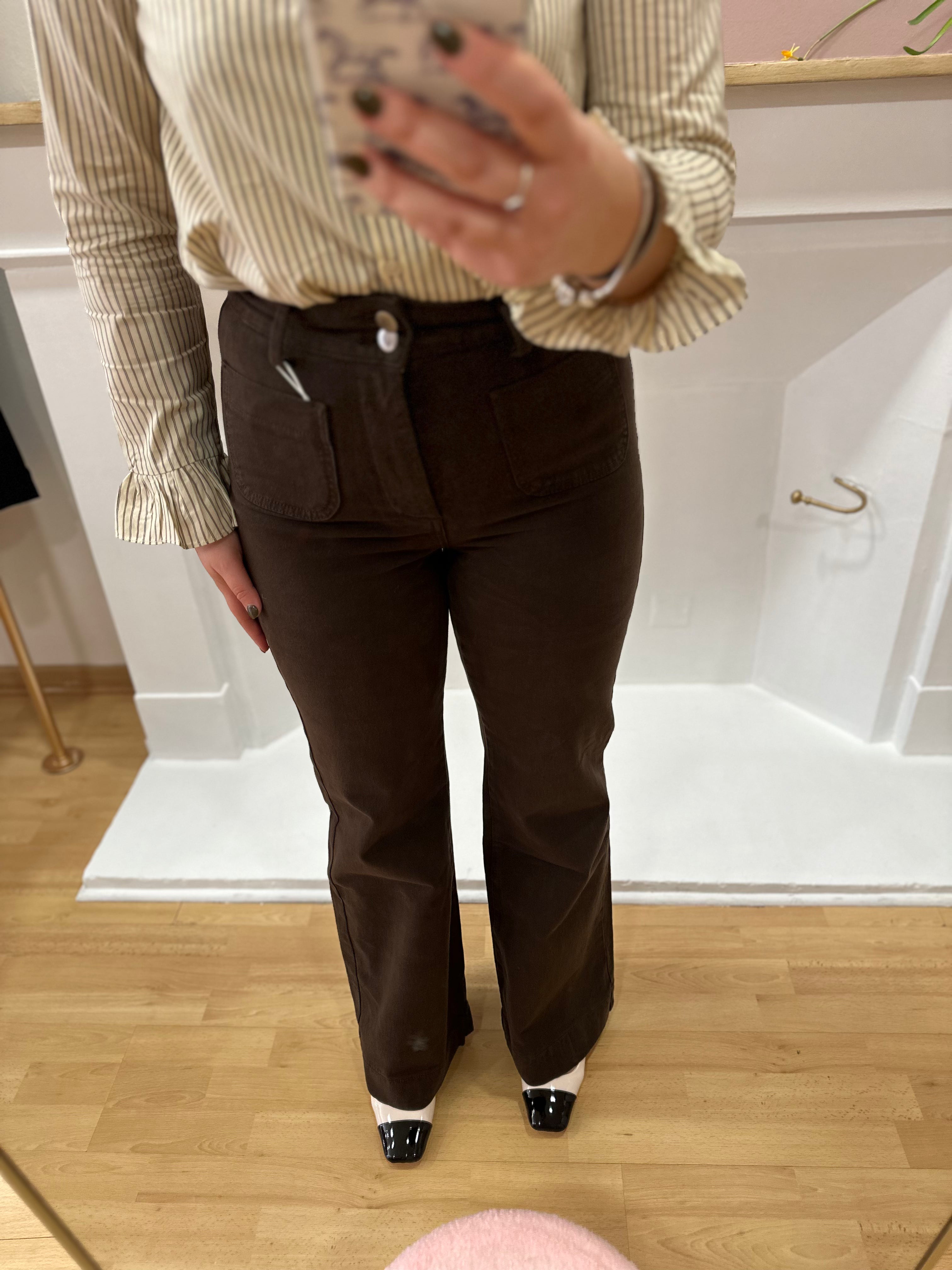 Jean femme large flare chocolat taille haute – Oraije – Miss Caprice