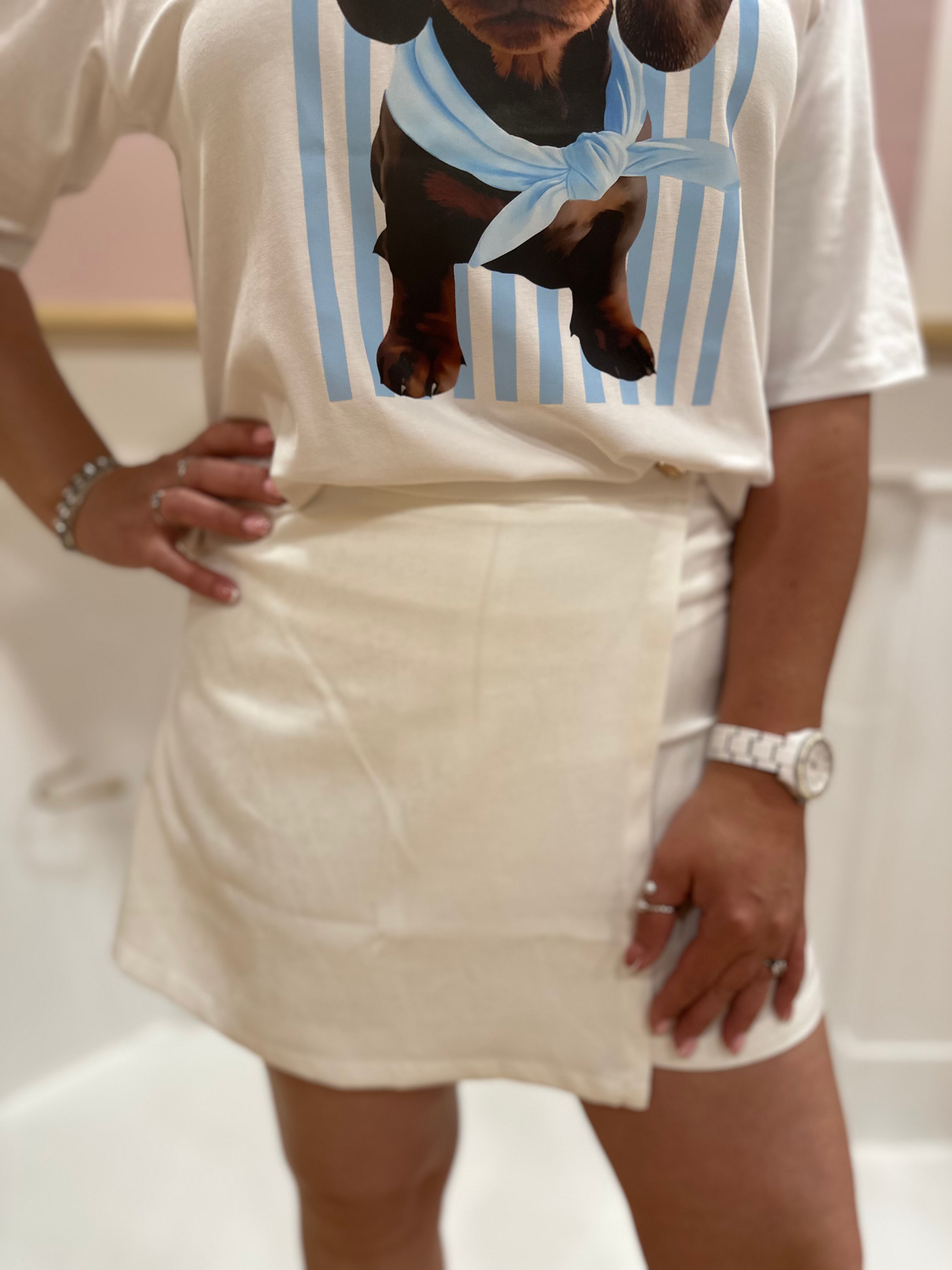 Jupe-short blanche femme – Taille haute – Bouton doré – Effet jupe – Prime Paris – Miss Caprice
