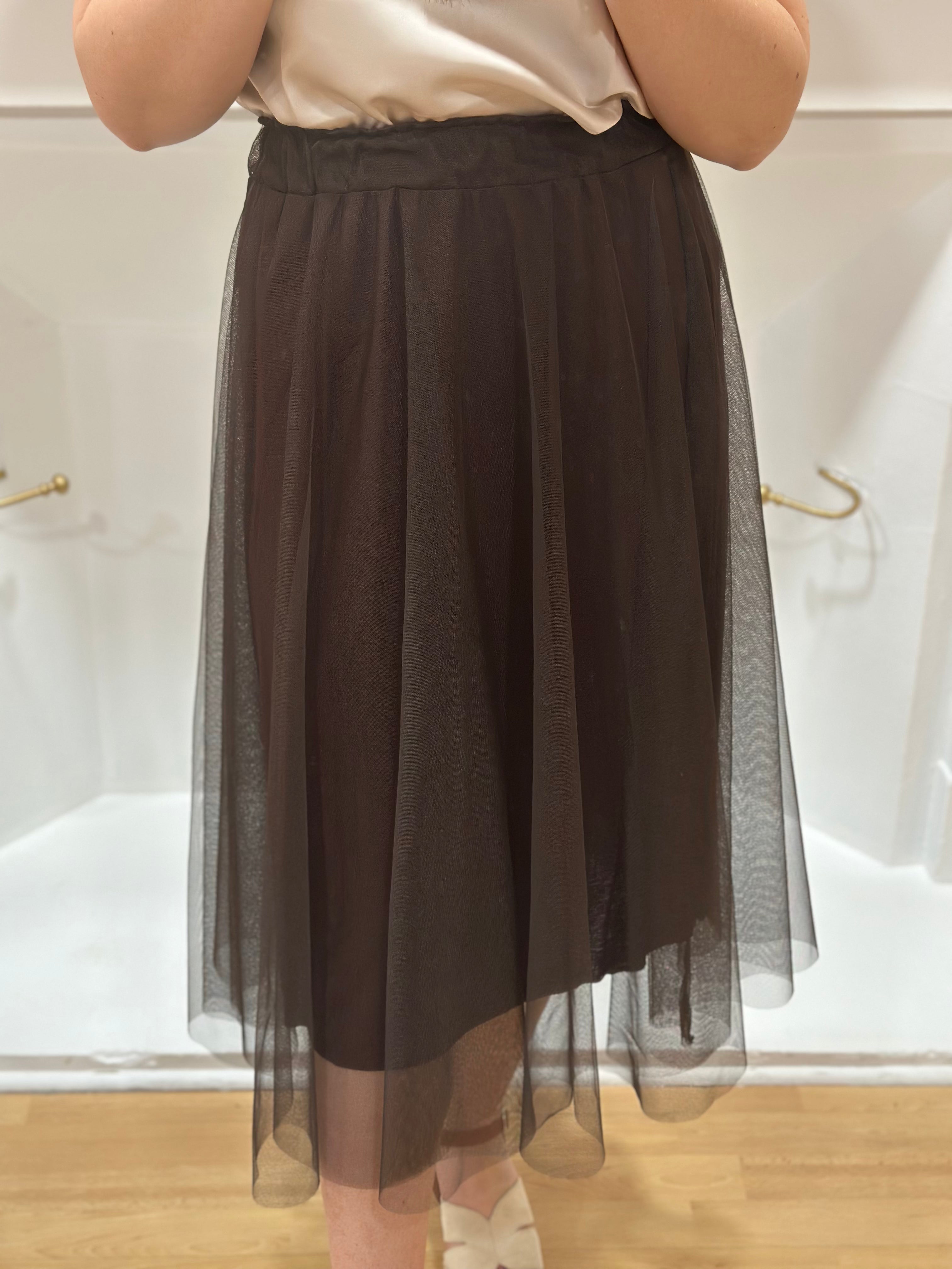 Jupe mi-longue en tulle chocolat femme