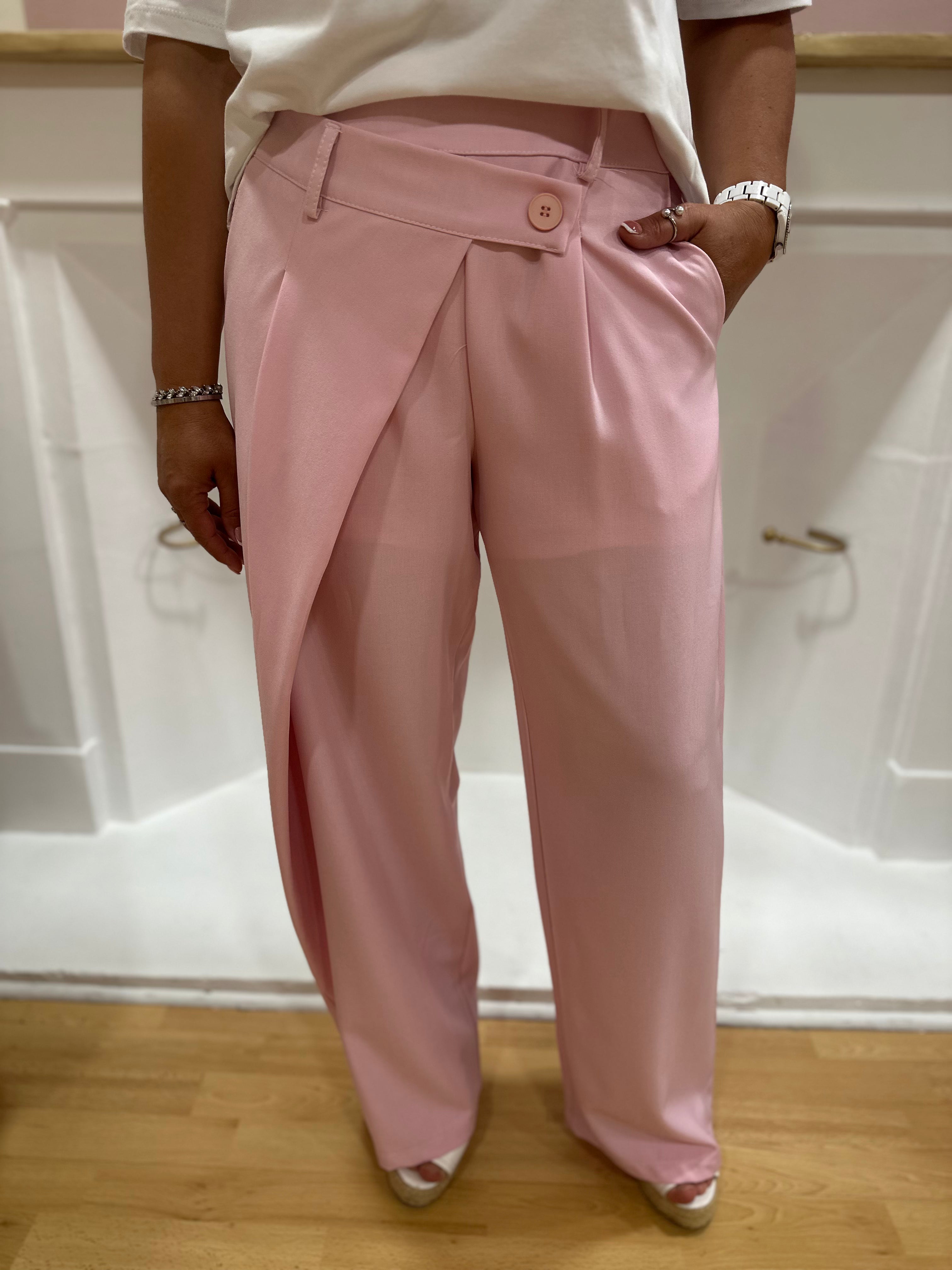 Pantalon de costume femme rose asymétrique taille élastique – Amy and Clo – Miss Caprice