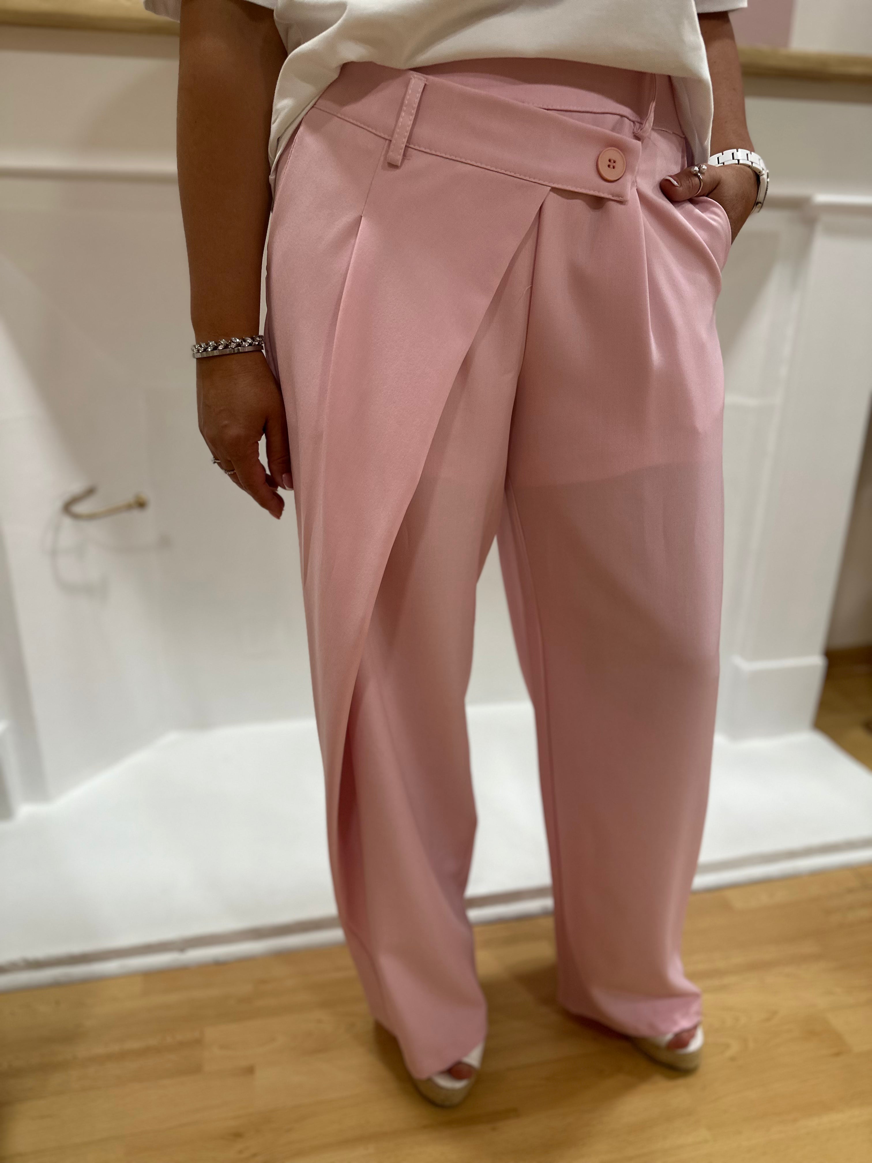 Pantalon de costume femme rose asymétrique taille élastique – Amy and Clo – Miss Caprice