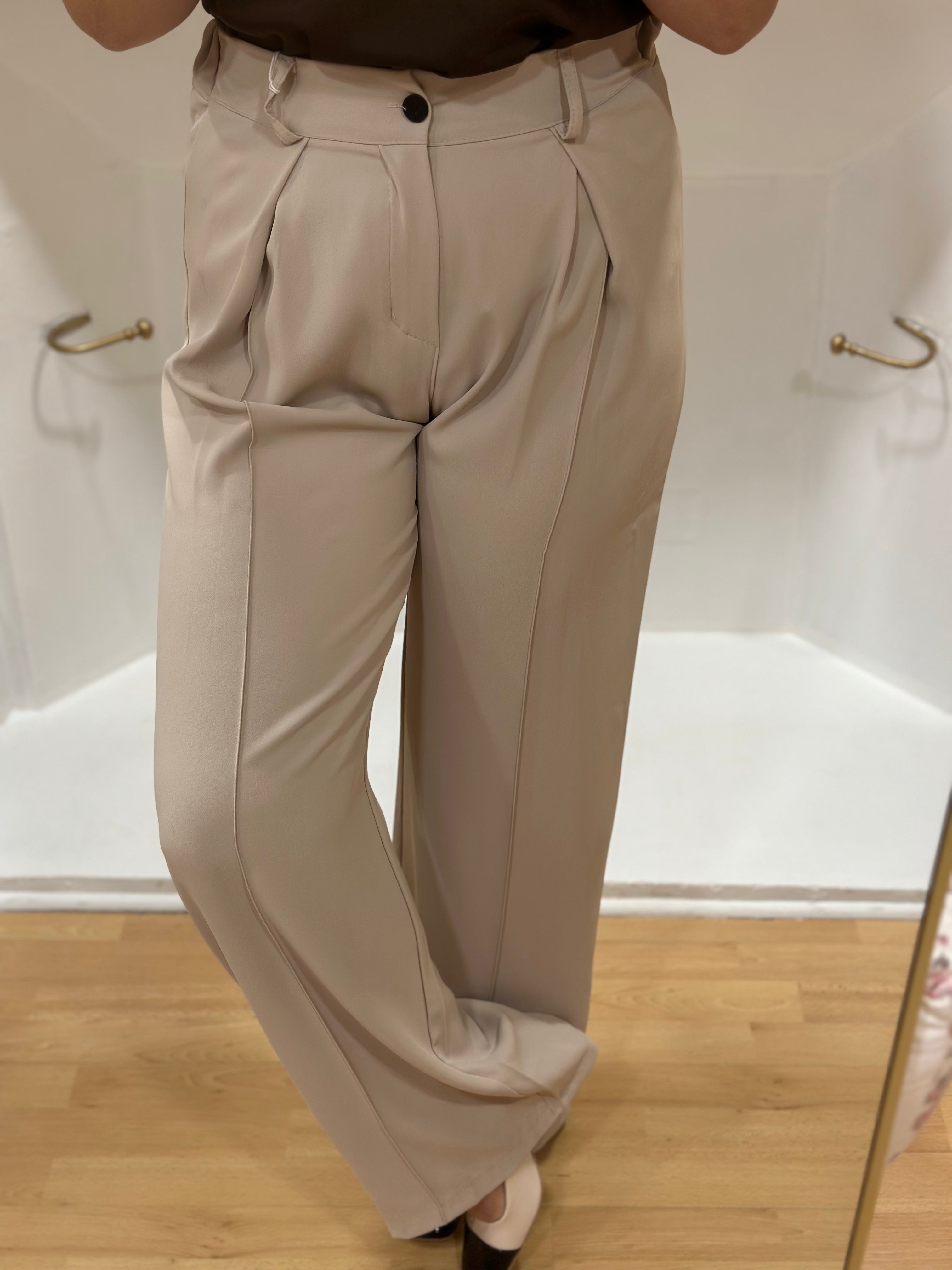 Pantalon fluide beige taille haute femme