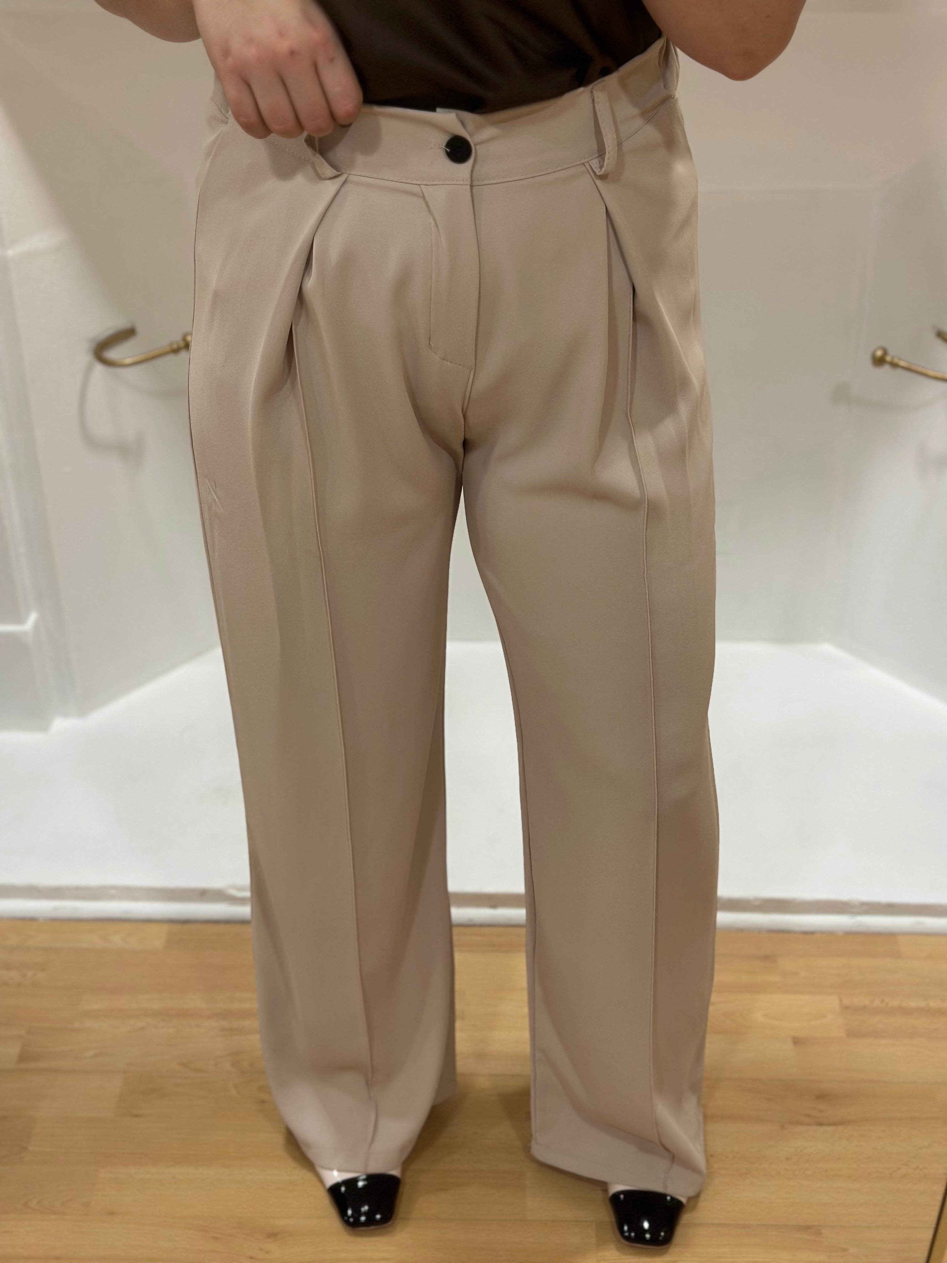 Pantalon fluide beige taille haute femme