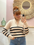 Pull camionneur beige à rayures noires avec fermeture zippée argentée – Rosydays – Miss Caprice