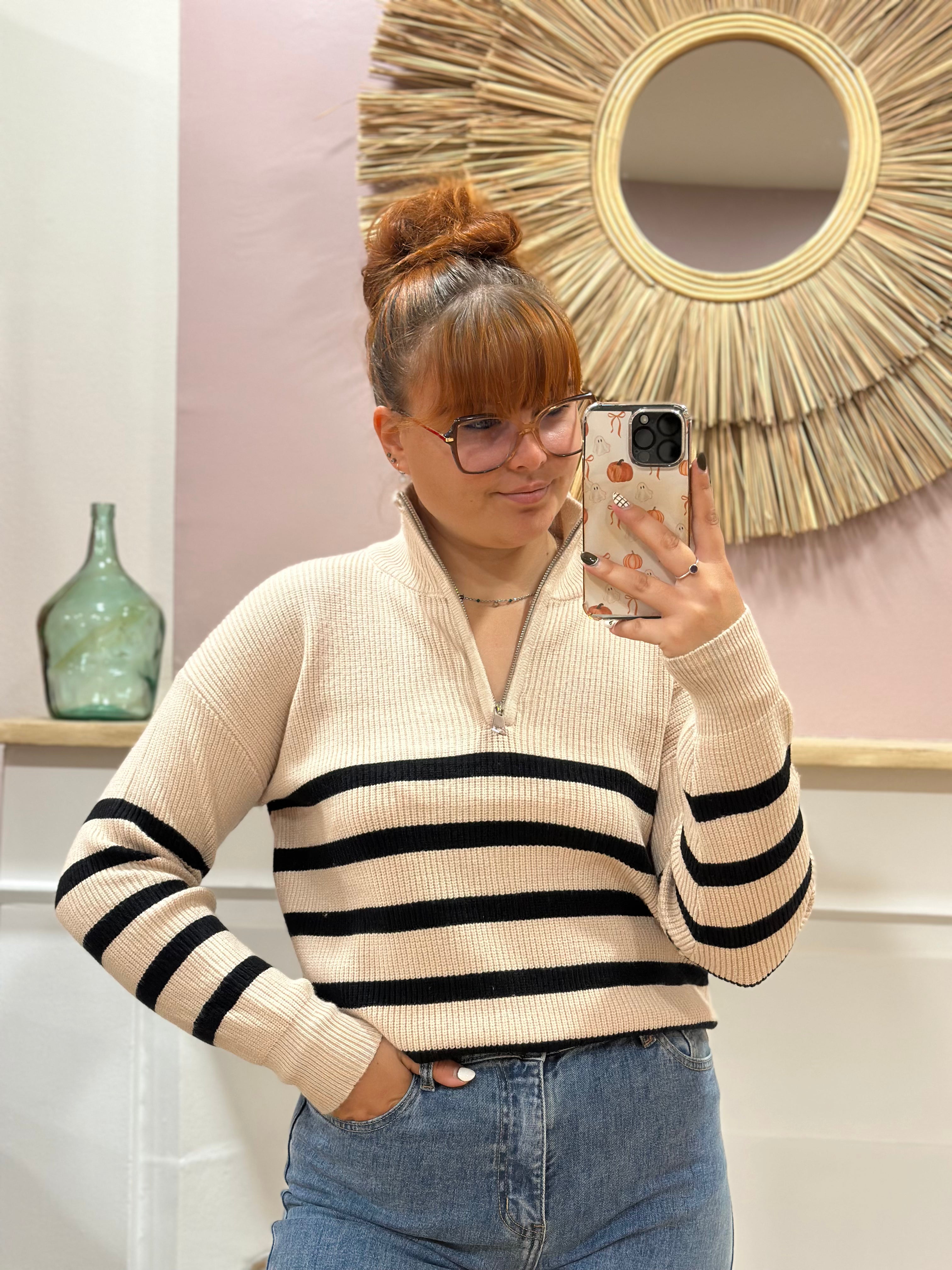 Pull camionneur beige à rayures noires avec fermeture zippée argentée – Rosydays – Miss Caprice