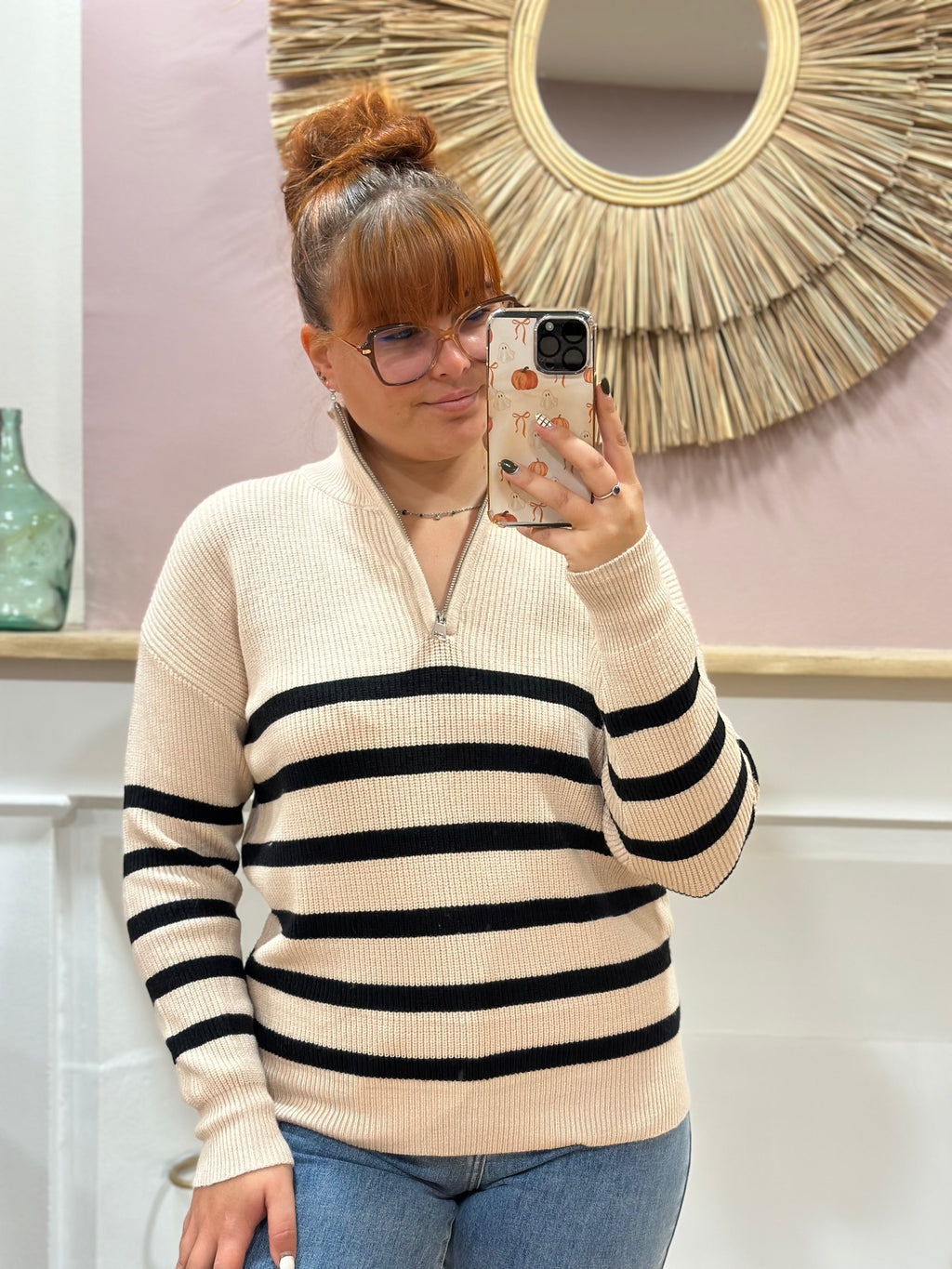 Pull camionneur beige à rayures noires avec fermeture zippée argentée – Rosydays – Miss Caprice