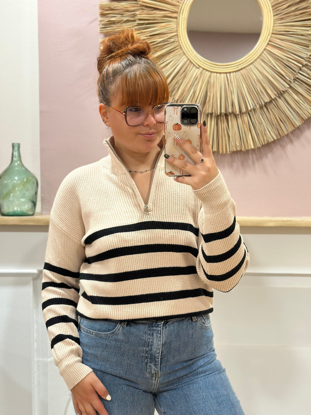 Pull camionneur beige à rayures noires avec fermeture zippée argentée – Rosydays – Miss Caprice