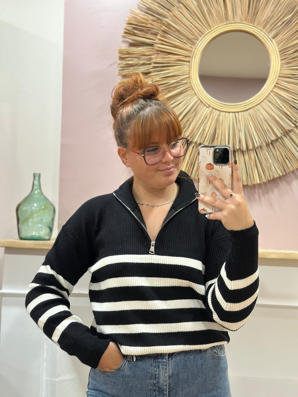 Pull camionneur noir à rayures blanches avec fermeture zippée argentée – Rosydays – Miss Caprice